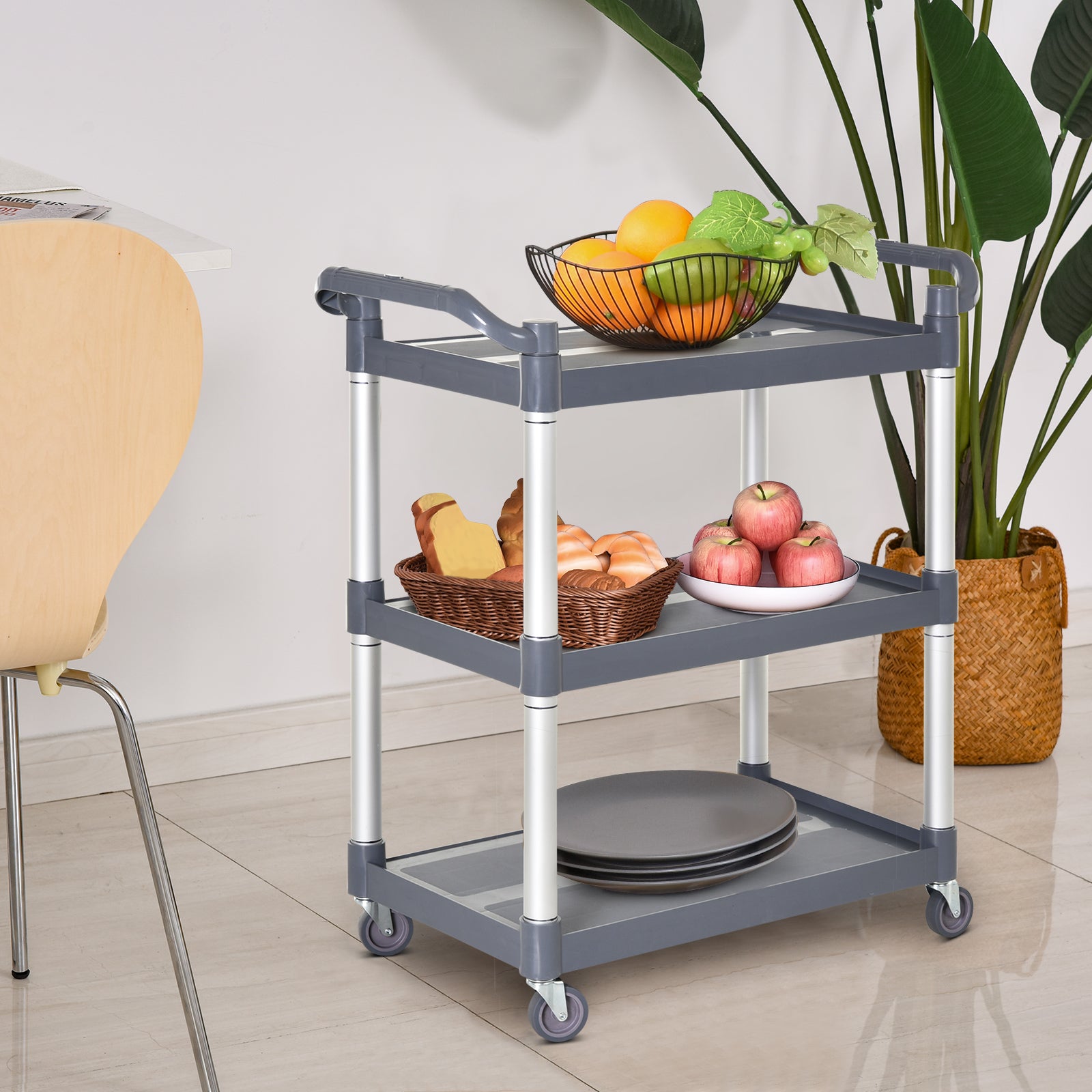 HOMCOM 3-Tier Metal Clean Cart Large Rolling Storage Trolley with 3 Shelves Utility Service Cart,  Restaurant, Hotel, Livingroom, Silver and Grey