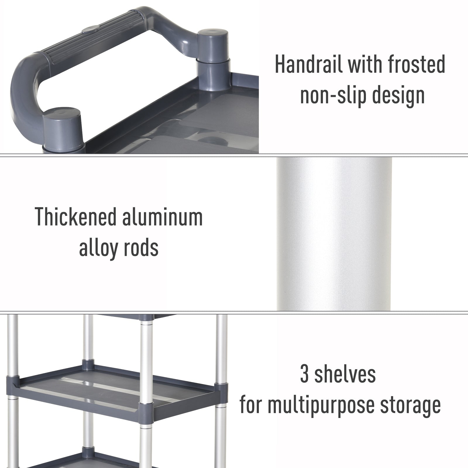 HOMCOM 3-Tier Metal Clean Cart Large Rolling Storage Trolley with 3 Shelves Utility Service Cart,  Restaurant, Hotel, Livingroom, Silver and Grey