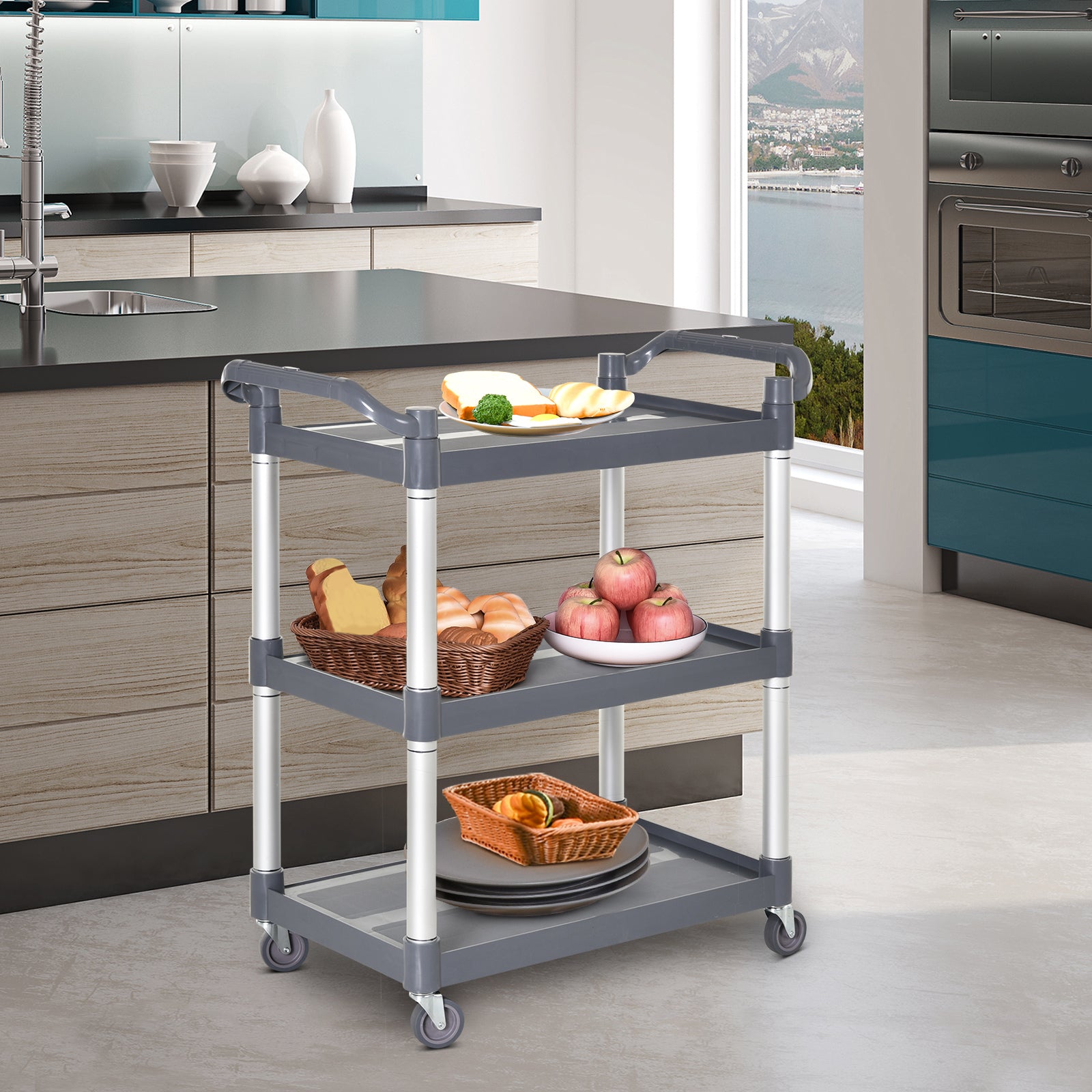HOMCOM 3-Tier Metal Clean Cart Large Rolling Storage Trolley with 3 Shelves Utility Service Cart,  Restaurant, Hotel, Livingroom, Silver and Grey