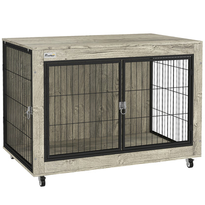 PawHut 39" Dog Crate Furniture with Wheels, Dog Kennel Furniture with Interchangeable Side Door, Dog Cage End Table for Large Dogs, Gray