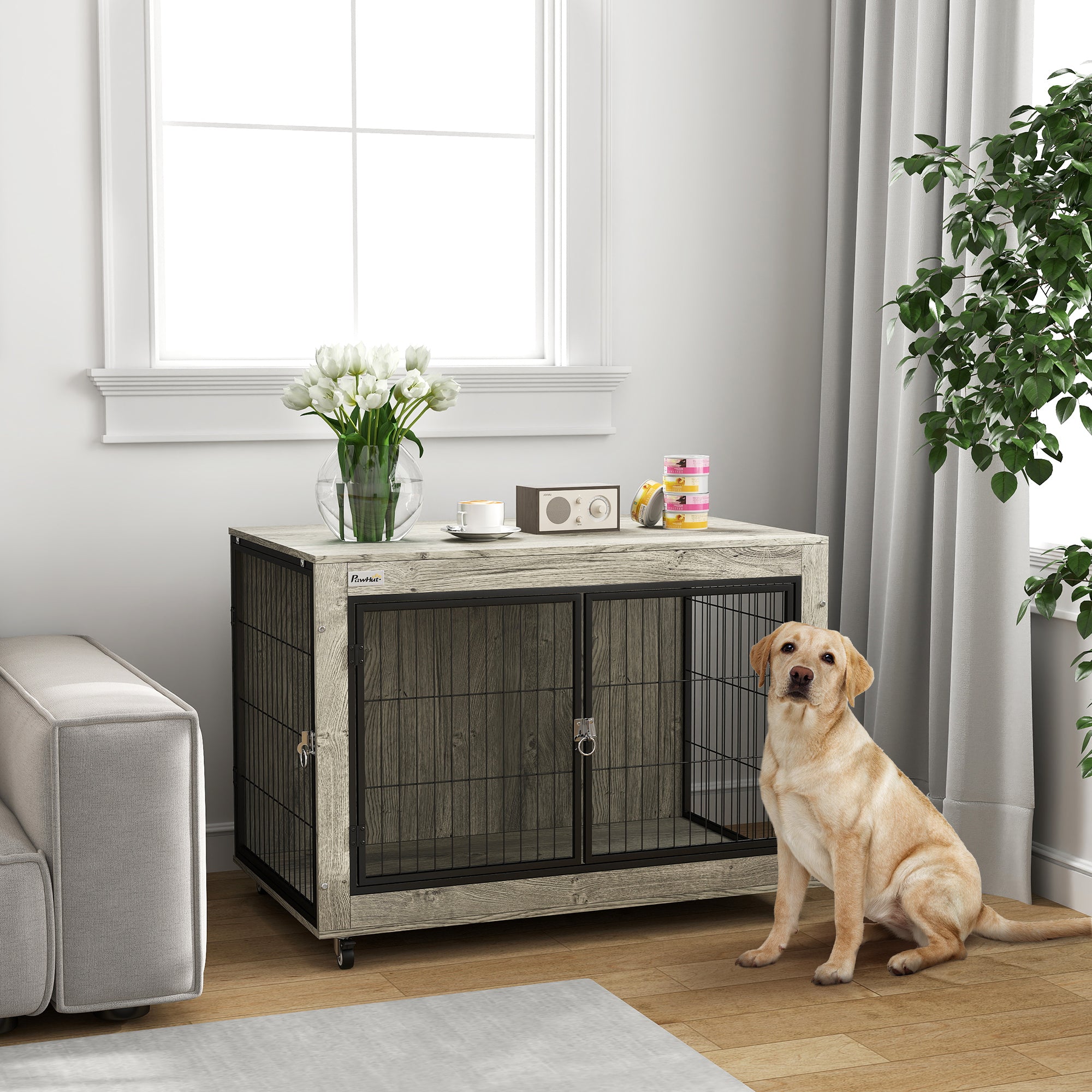 PawHut 39" Dog Crate Furniture with Wheels, Dog Kennel Furniture with Interchangeable Side Door, Dog Cage End Table for Large Dogs, Gray