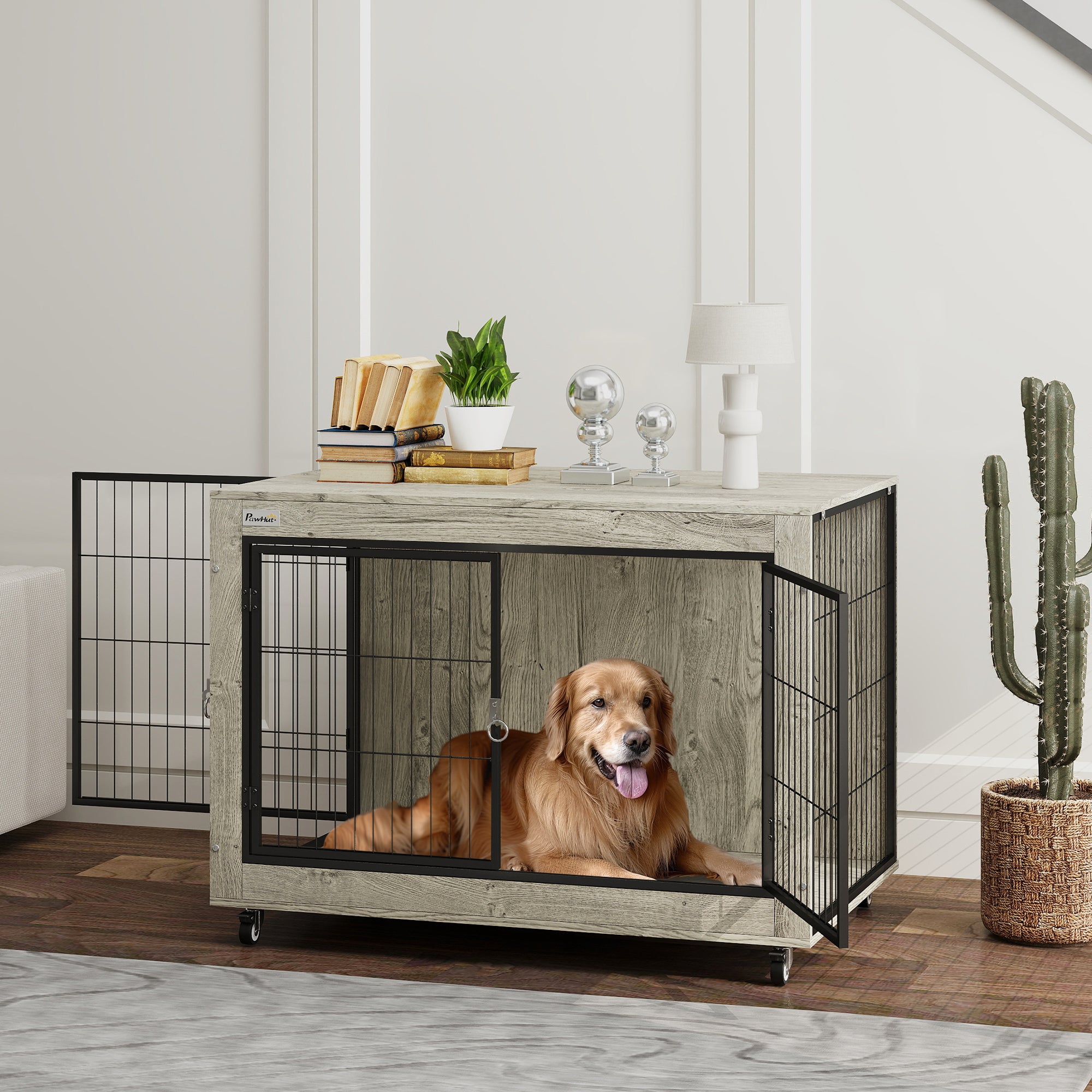 PawHut 39" Dog Crate Furniture with Wheels, Dog Kennel Furniture with Interchangeable Side Door, Dog Cage End Table for Large Dogs, Gray