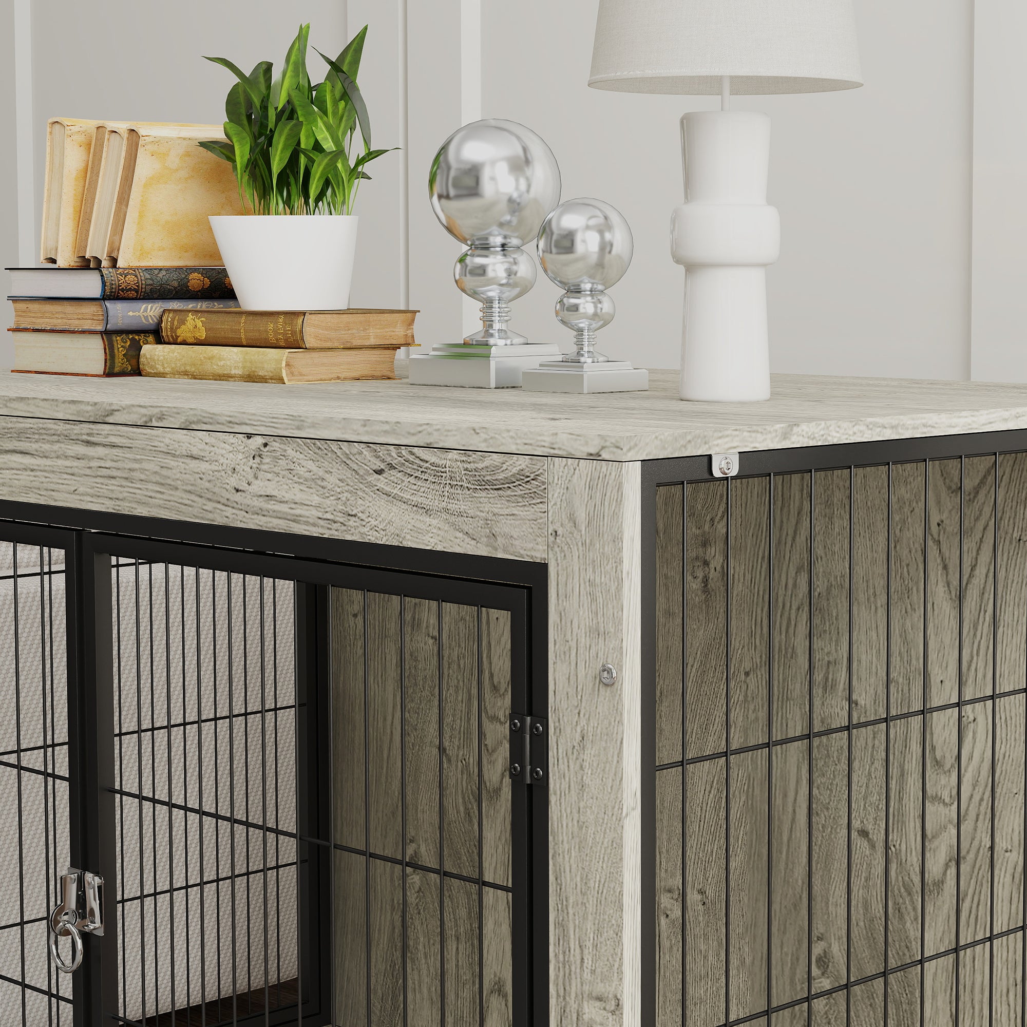 PawHut 39" Dog Crate Furniture with Wheels, Dog Kennel Furniture with Interchangeable Side Door, Dog Cage End Table for Large Dogs, Gray