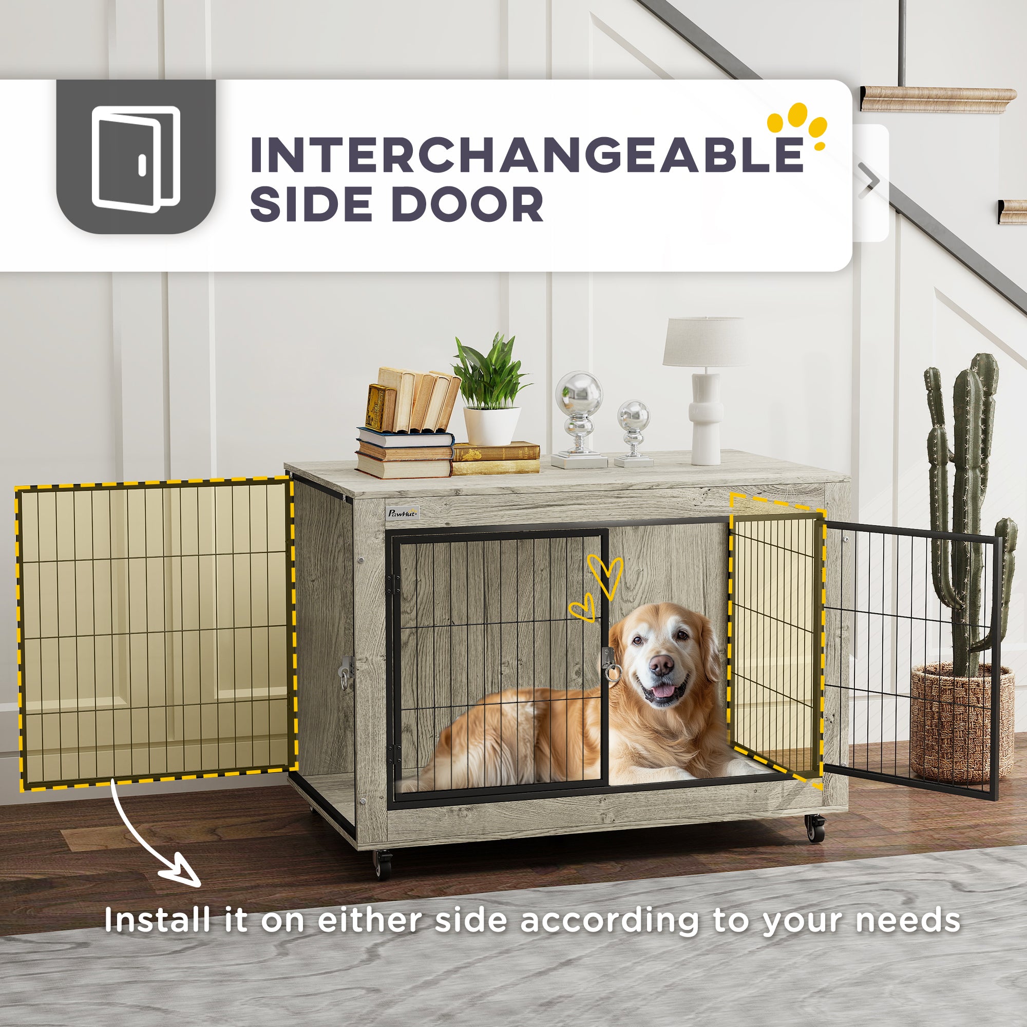 PawHut 39" Dog Crate Furniture with Wheels, Dog Kennel Furniture with Interchangeable Side Door, Dog Cage End Table for Large Dogs, Gray