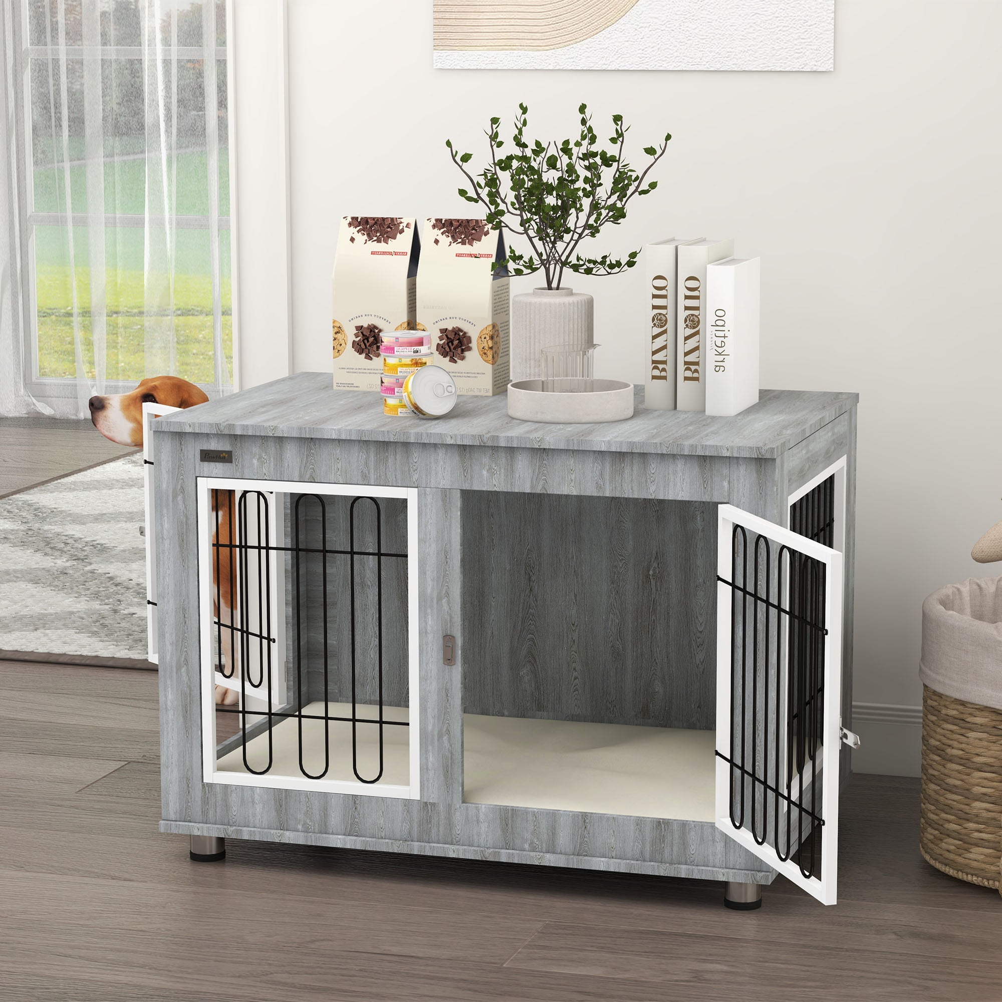 PawHut 35in Dog Crate End Table with Soft Cushion, Double-Door Dog Crate Furniture for Medium Large Dogs, Wooden Wire Pet Kennel for Indoor Use, 35" W x 23" D x 26" H, Grey