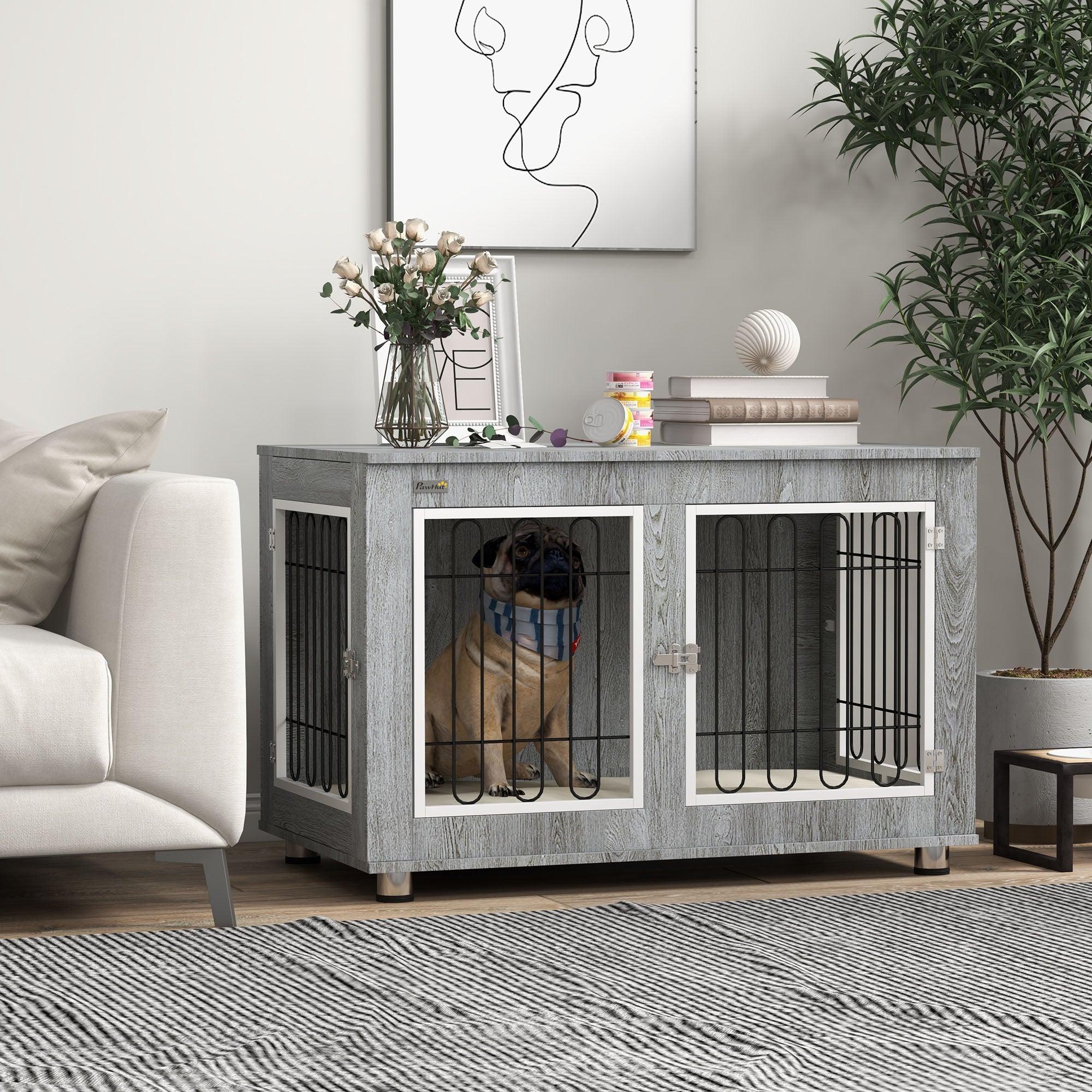 PawHut 35in Dog Crate End Table with Soft Cushion, Double-Door Dog Crate Furniture for Medium Large Dogs, Wooden Wire Pet Kennel for Indoor Use, 35" W x 23" D x 26" H, Grey