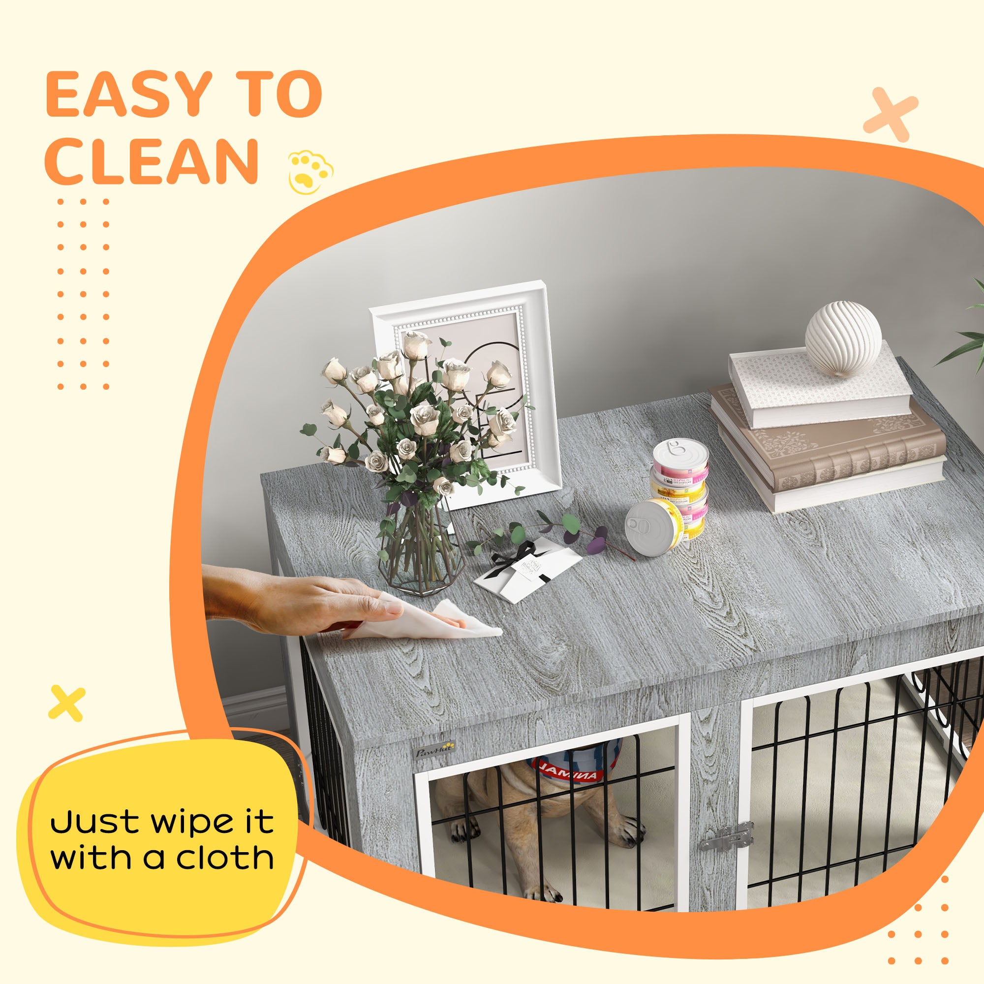 PawHut 35in Dog Crate End Table with Soft Cushion, Double-Door Dog Crate Furniture for Medium Large Dogs, Wooden Wire Pet Kennel for Indoor Use, 35" W x 23" D x 26" H, Grey