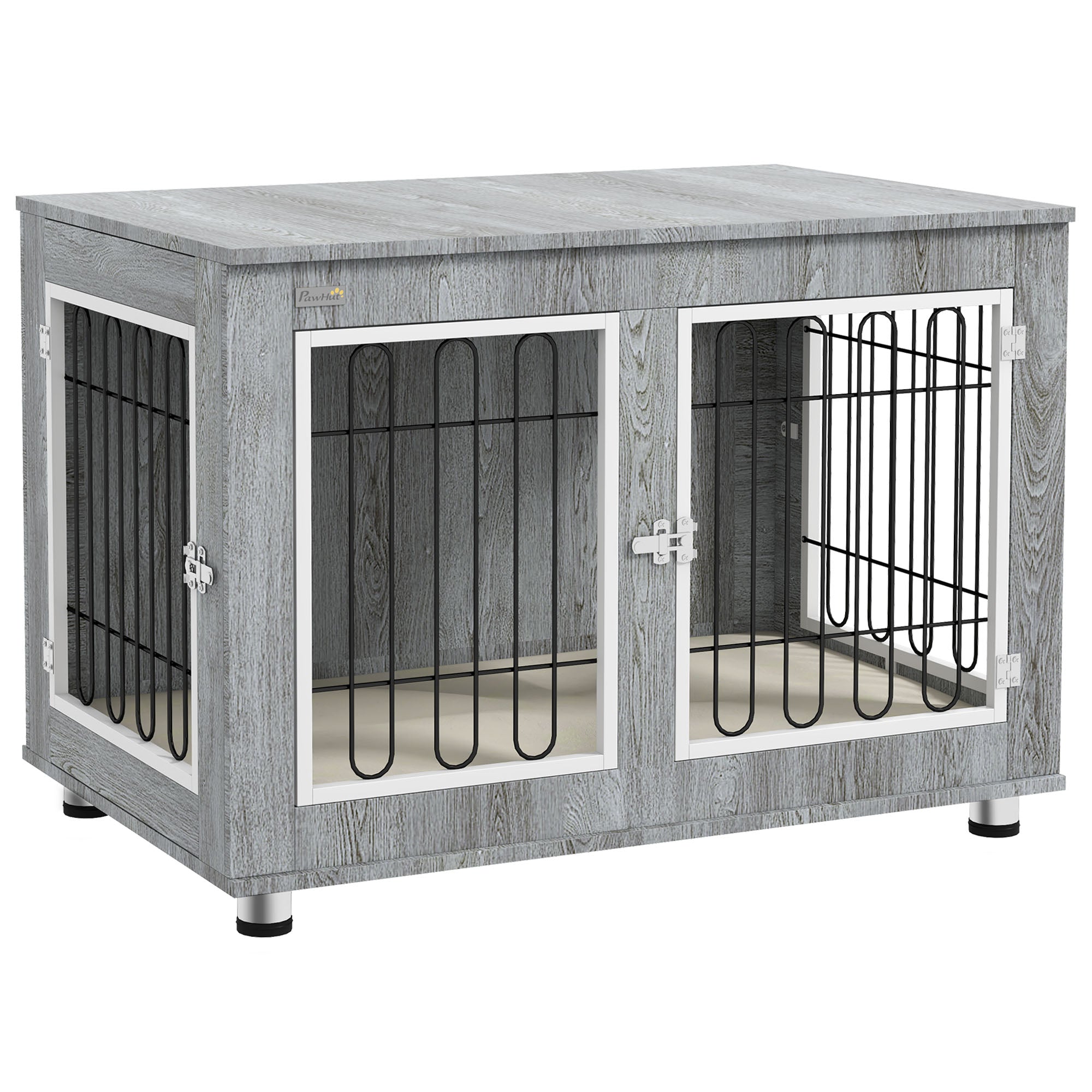 PawHut 35in Dog Crate End Table with Soft Cushion, Double-Door Dog Crate Furniture for Medium Large Dogs, Wooden Wire Pet Kennel for Indoor Use, 35" W x 23" D x 26" H, Grey