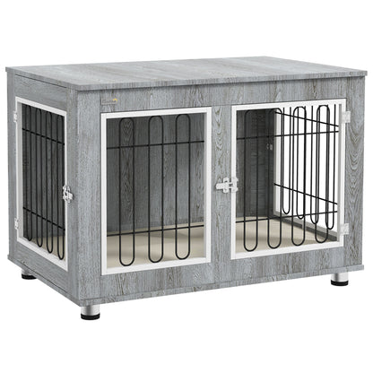 PawHut 35in Dog Crate End Table with Soft Cushion, Double-Door Dog Crate Furniture for Medium Large Dogs, Wooden Wire Pet Kennel for Indoor Use, 35" W x 23" D x 26" H, Grey
