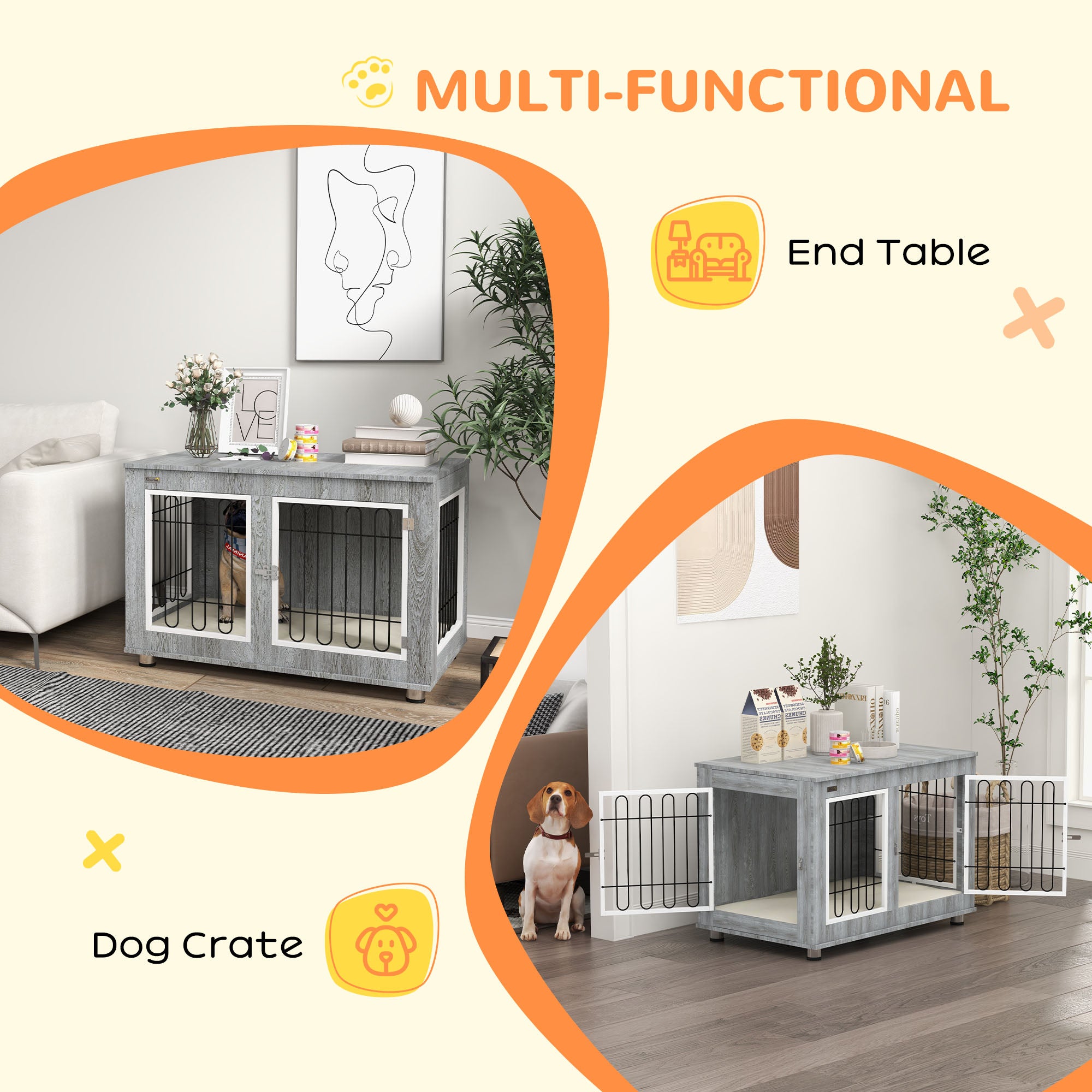 PawHut 35in Dog Crate End Table with Soft Cushion, Double-Door Dog Crate Furniture for Medium Large Dogs, Wooden Wire Pet Kennel for Indoor Use, 35" W x 23" D x 26" H, Grey
