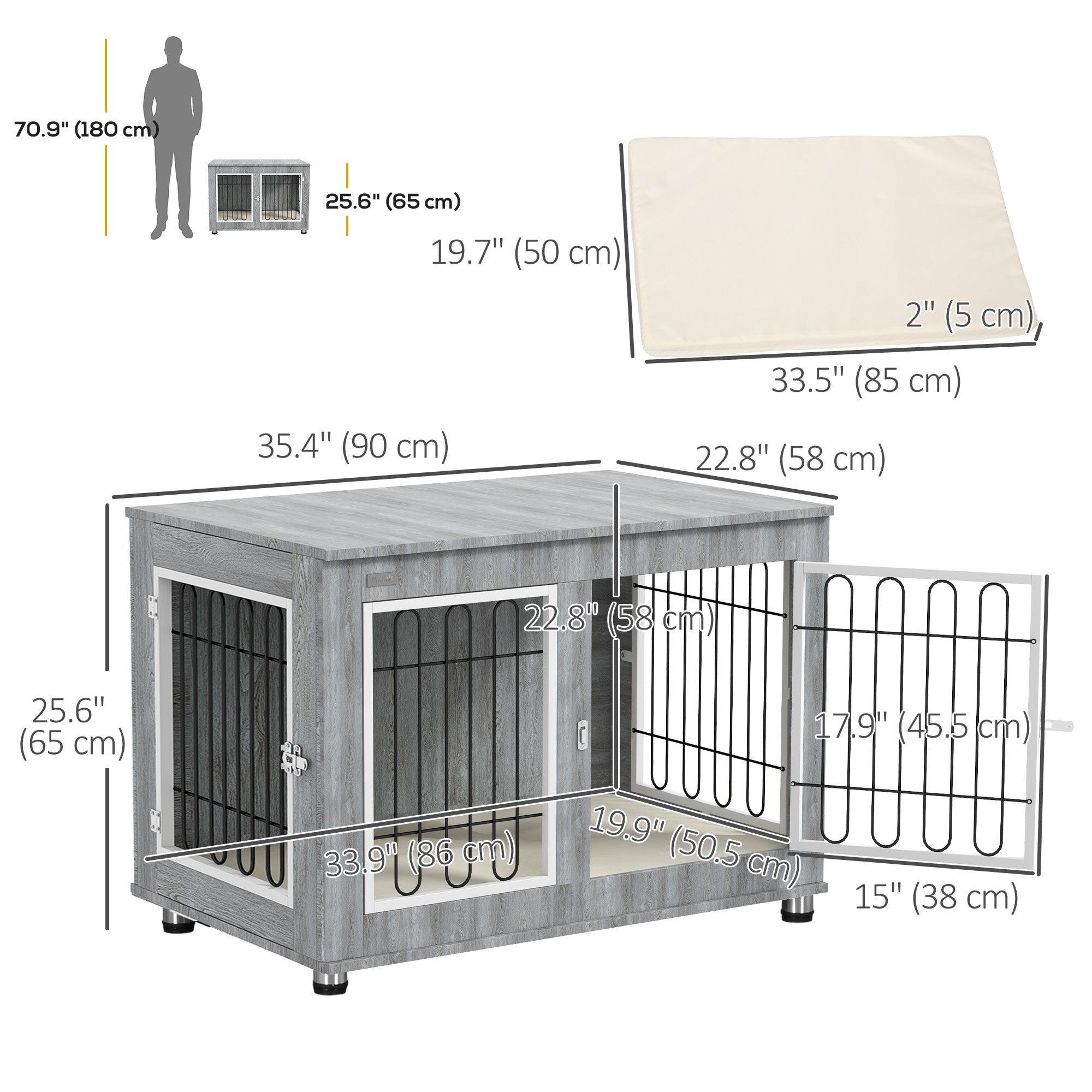 PawHut 35in Dog Crate End Table with Soft Cushion, Double-Door Dog Crate Furniture for Medium Large Dogs, Wooden Wire Pet Kennel for Indoor Use, 35" W x 23" D x 26" H, Grey