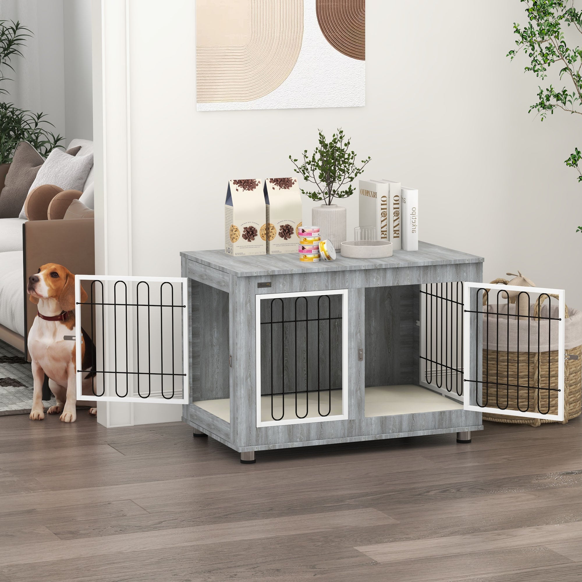 PawHut 35in Dog Crate End Table with Soft Cushion, Double-Door Dog Crate Furniture for Medium Large Dogs, Wooden Wire Pet Kennel for Indoor Use, 35" W x 23" D x 26" H, Grey
