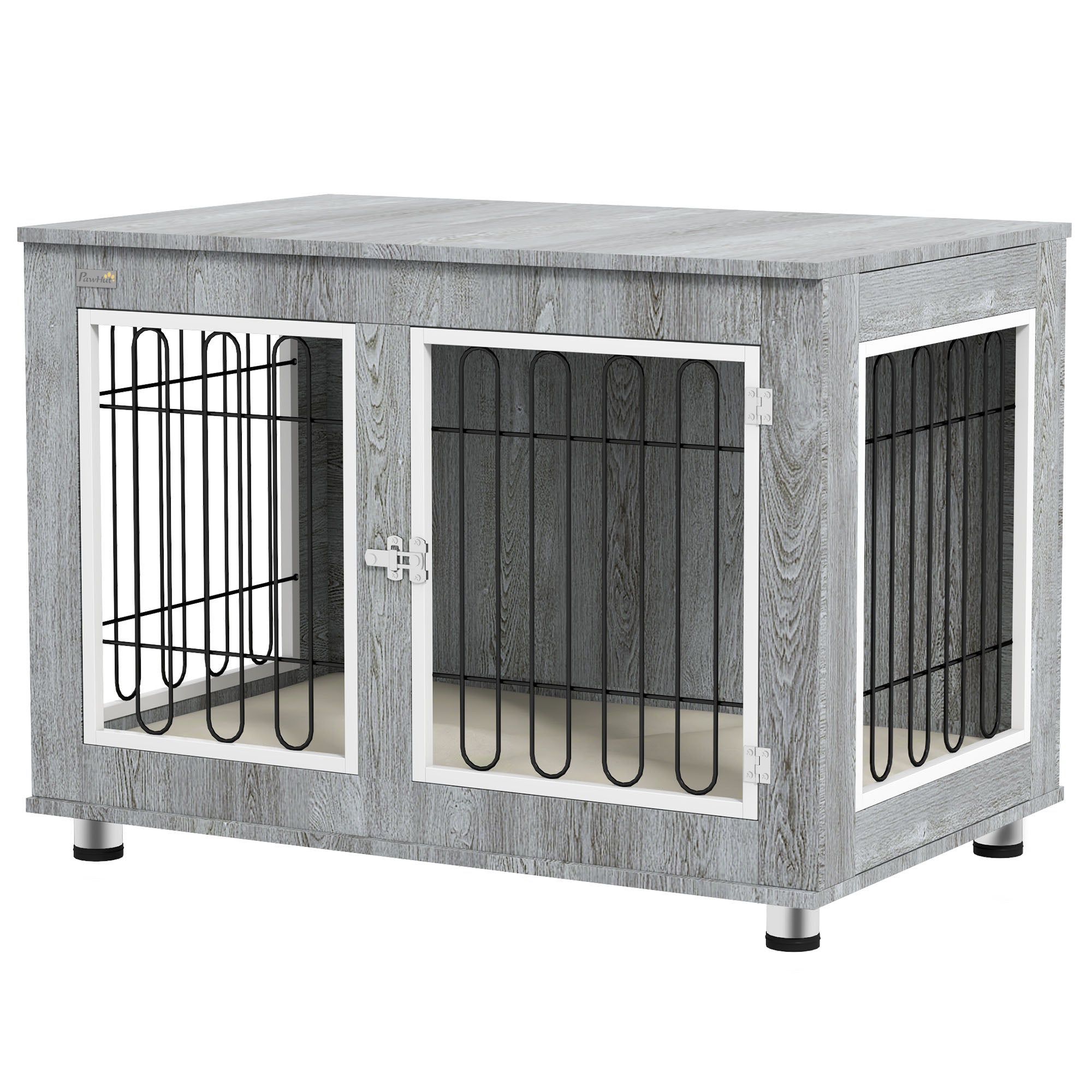 PawHut 35in Dog Crate End Table with Soft Cushion, Double-Door Dog Crate Furniture for Medium Large Dogs, Wooden Wire Pet Kennel for Indoor Use, 35" W x 23" D x 26" H, Grey