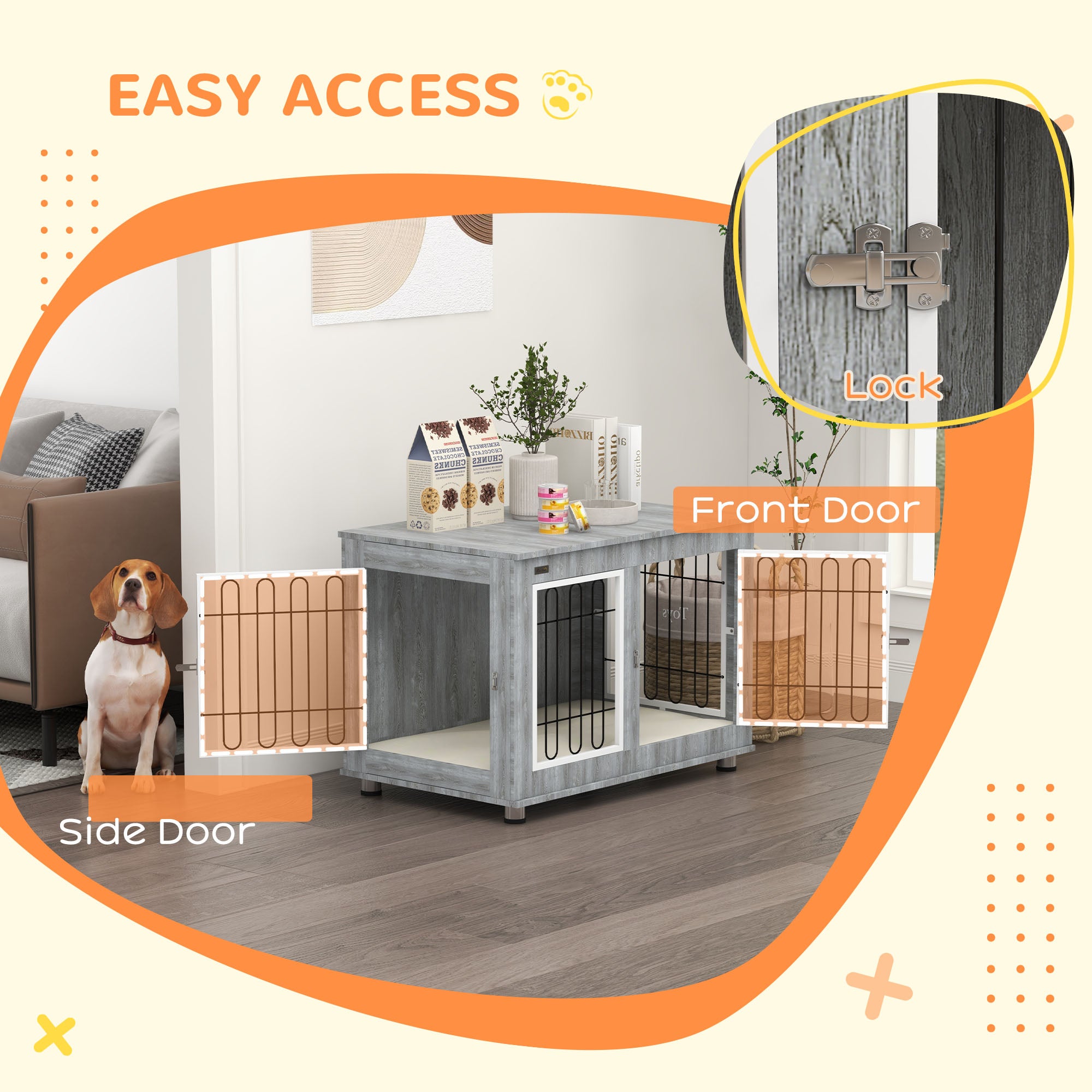 PawHut 35in Dog Crate End Table with Soft Cushion, Double-Door Dog Crate Furniture for Medium Large Dogs, Wooden Wire Pet Kennel for Indoor Use, 35" W x 23" D x 26" H, Grey