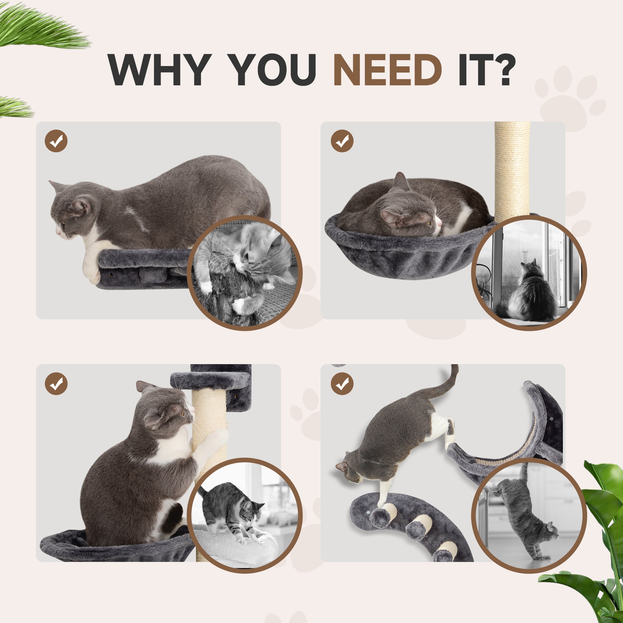 PawHut 4Pcs Cat Wall Shelf with Scratching Post, Cat Wall Shelves for Relaxing, Climbing, Cat Wall With Soft Ladder, Hammock, Play Balls, Dark Grey