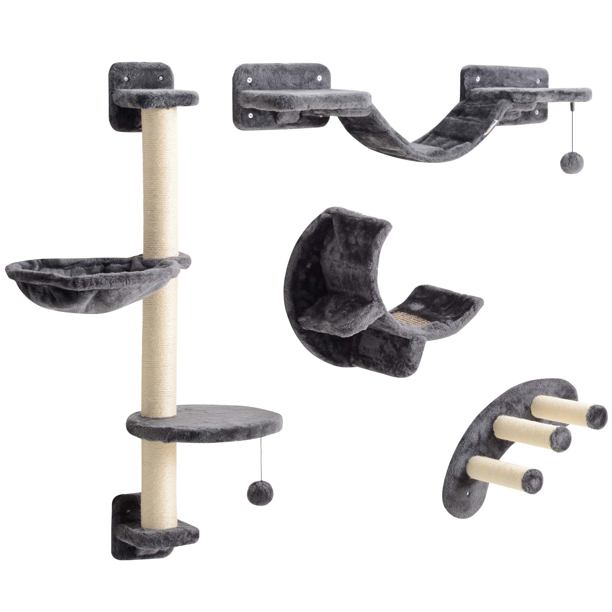 PawHut 4Pcs Cat Wall Shelf with Scratching Post, Cat Wall Shelves for Relaxing, Climbing, Cat Wall With Soft Ladder, Hammock, Play Balls, Dark Grey