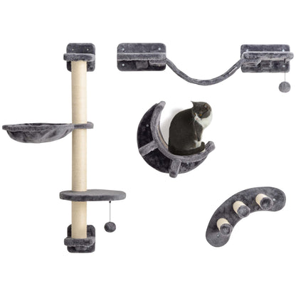 PawHut 4Pcs Cat Wall Shelf with Scratching Post, Cat Wall Shelves for Relaxing, Climbing, Cat Wall With Soft Ladder, Hammock, Play Balls, Dark Grey