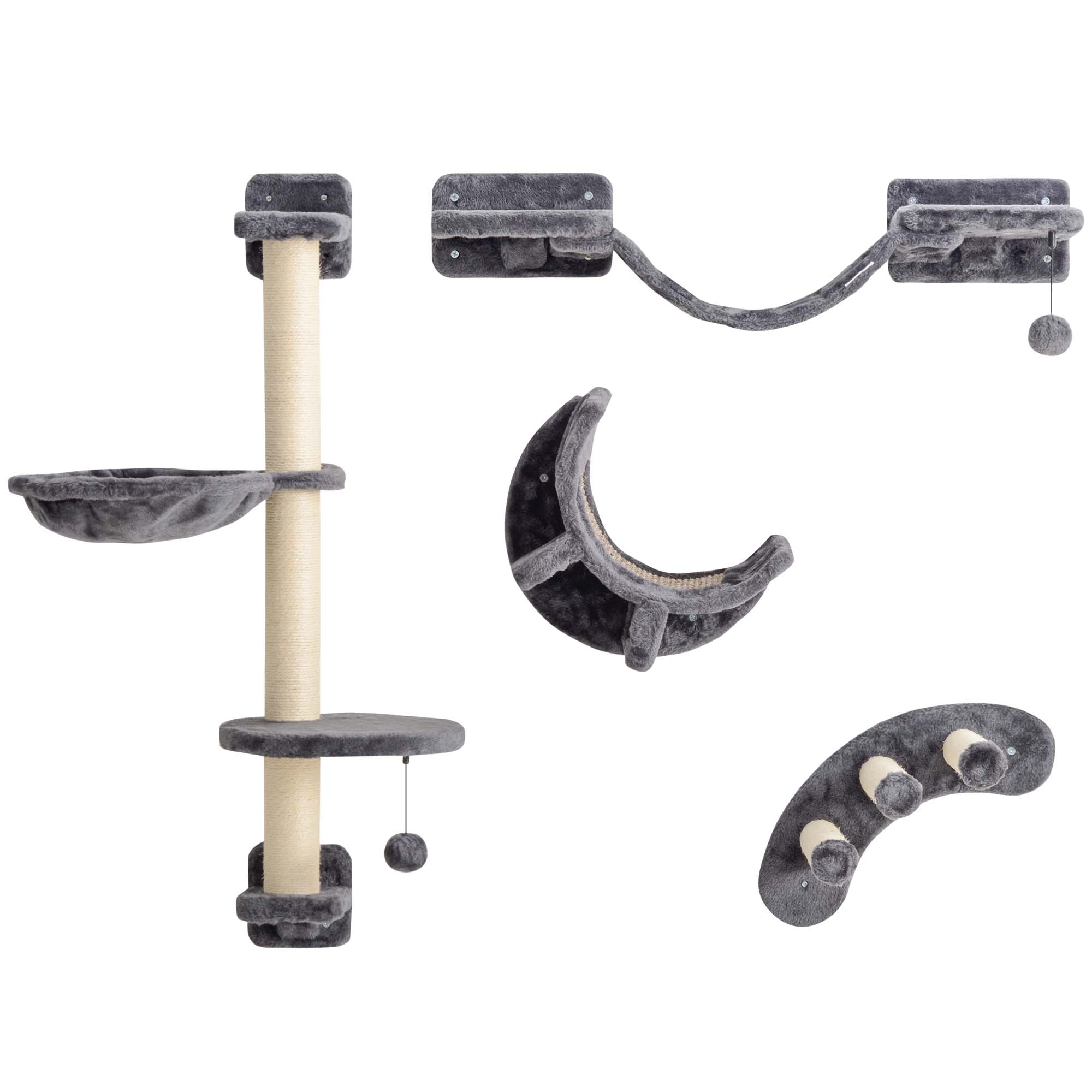 PawHut 4Pcs Cat Wall Shelf with Scratching Post, Cat Wall Shelves for Relaxing, Climbing, Cat Wall With Soft Ladder, Hammock, Play Balls, Dark Grey