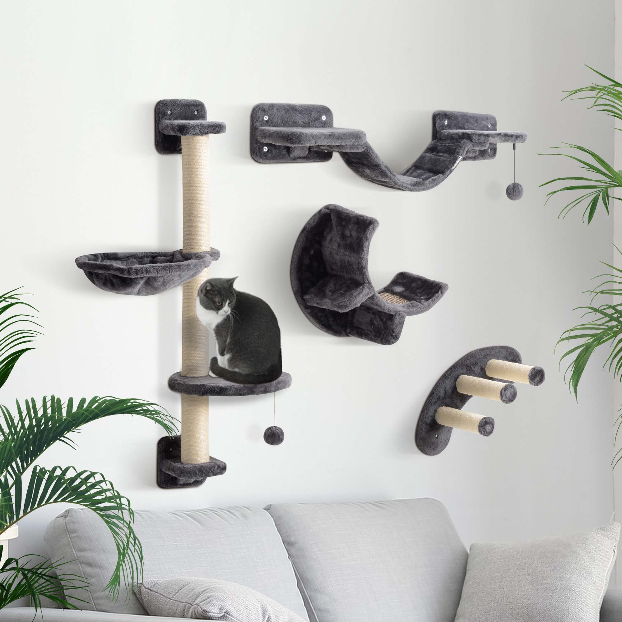 PawHut 4Pcs Cat Wall Shelf with Scratching Post, Cat Wall Shelves for Relaxing, Climbing, Cat Wall With Soft Ladder, Hammock, Play Balls, Dark Grey