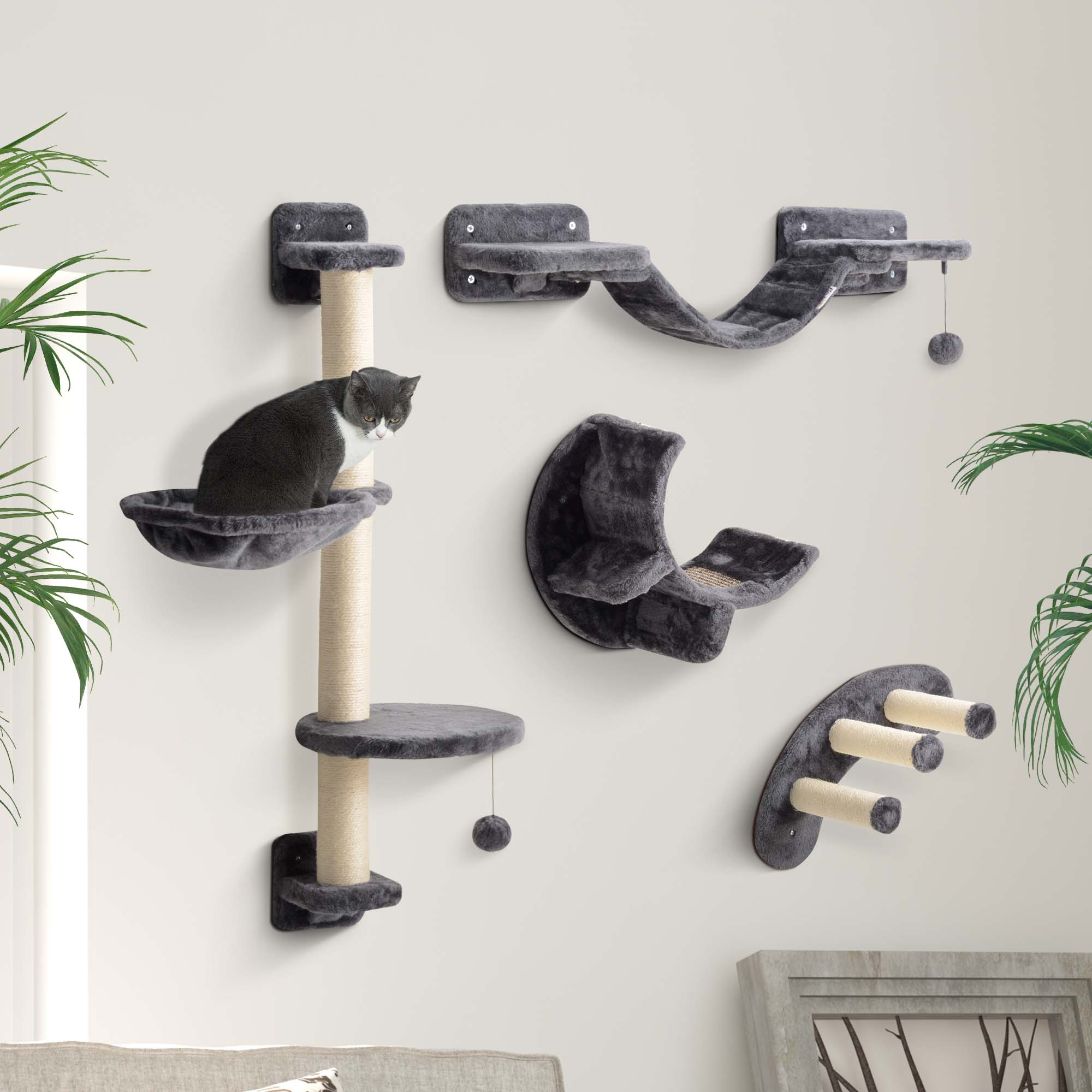 PawHut 4Pcs Cat Wall Shelf with Scratching Post, Cat Wall Shelves for Relaxing, Climbing, Cat Wall With Soft Ladder, Hammock, Play Balls, Dark Grey