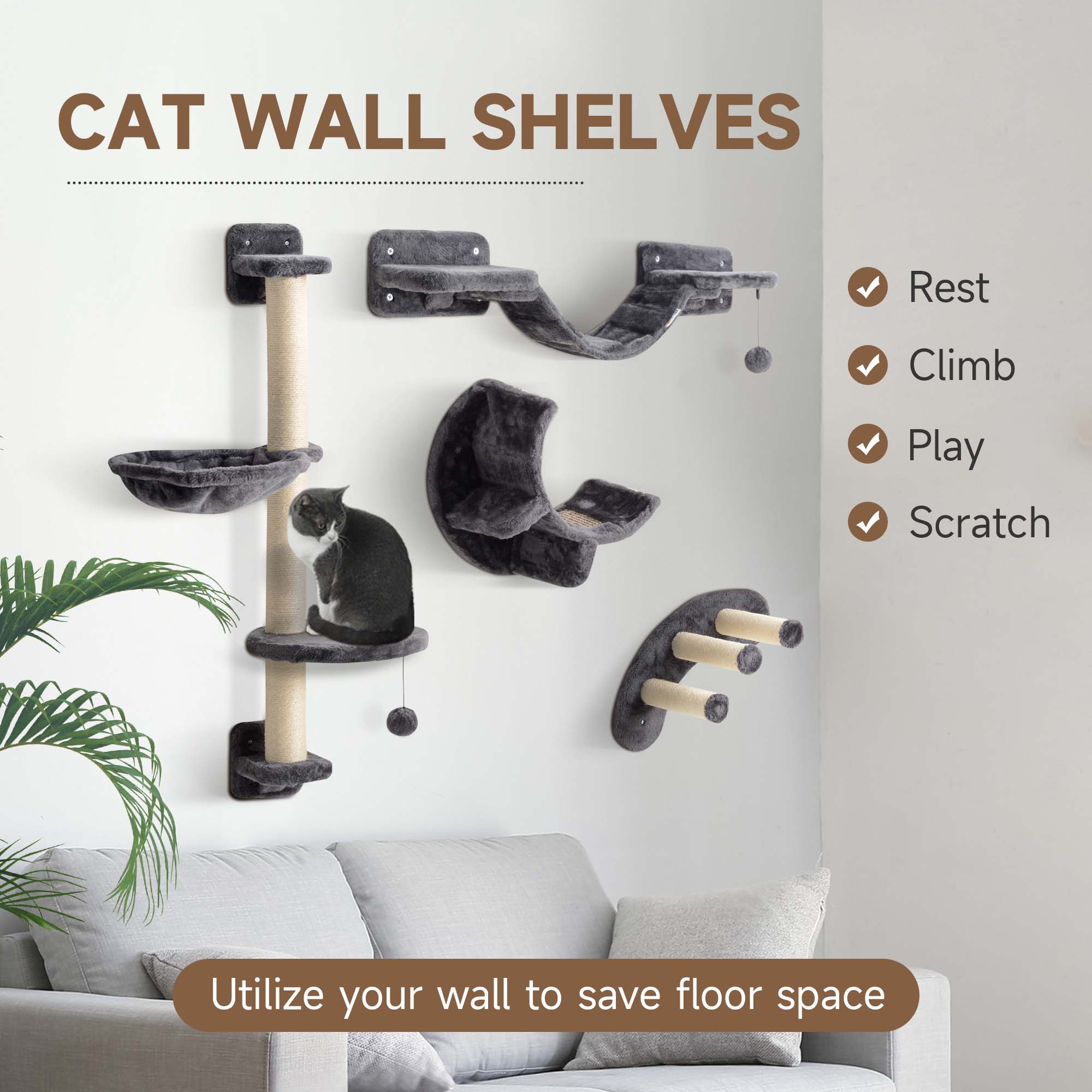 PawHut 4Pcs Cat Wall Shelf with Scratching Post, Cat Wall Shelves for Relaxing, Climbing, Cat Wall With Soft Ladder, Hammock, Play Balls, Dark Grey