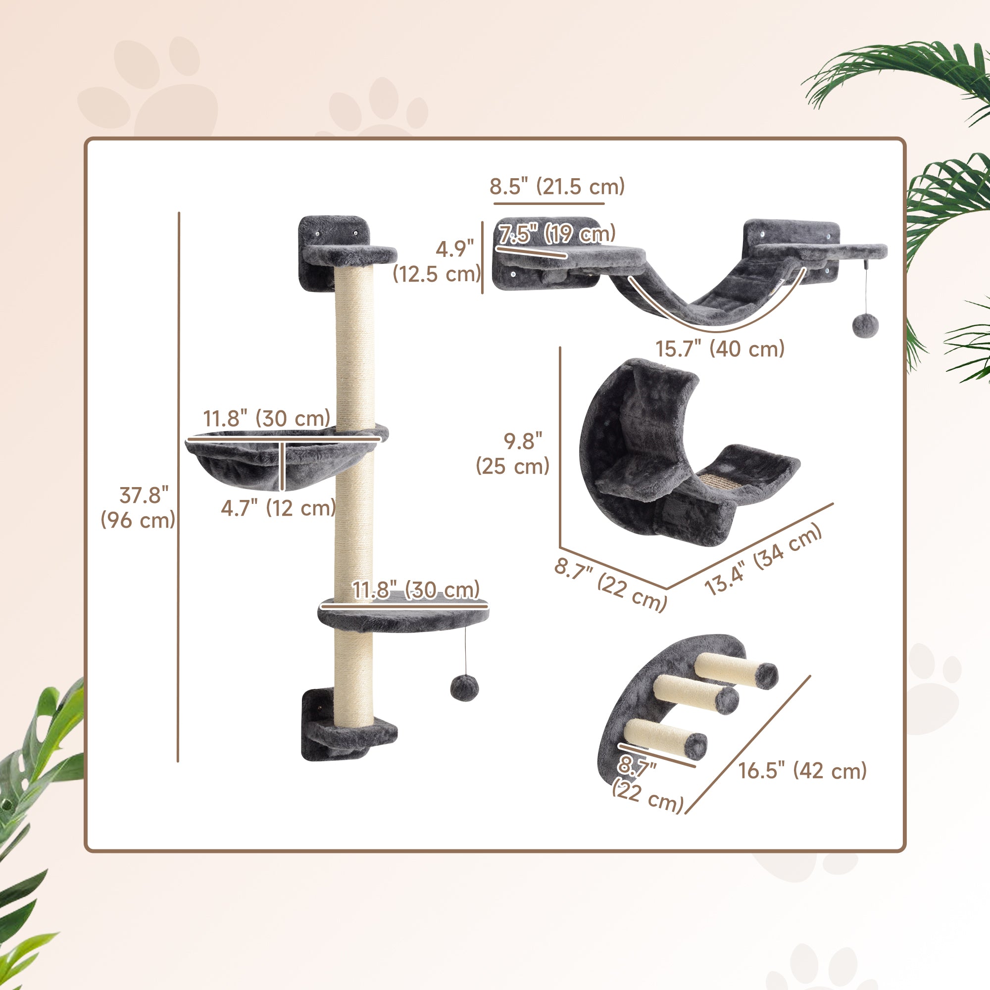 PawHut 4Pcs Cat Wall Shelf with Scratching Post, Cat Wall Shelves for Relaxing, Climbing, Cat Wall With Soft Ladder, Hammock, Play Balls, Dark Grey