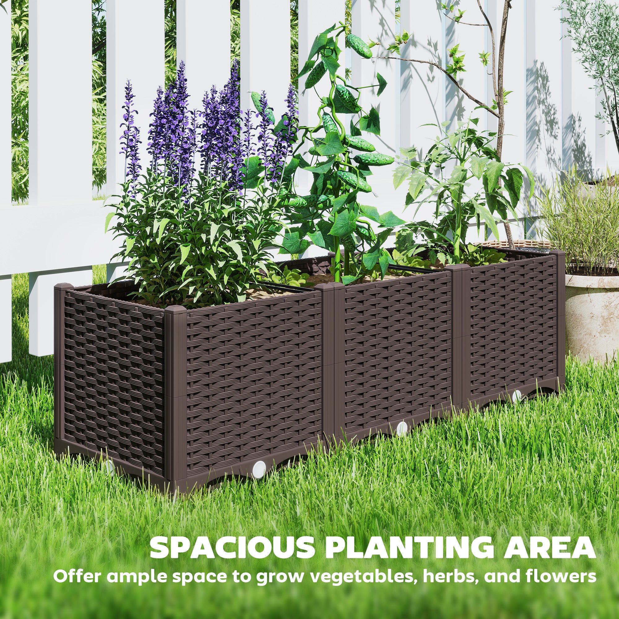 Outsunny Plastic Raised Garden Bed, Outdoor Planter Box with Drainage Holes for Garden, Patio, Balcony, Deck, 47.2" x 15.7" x 14.6", Brown