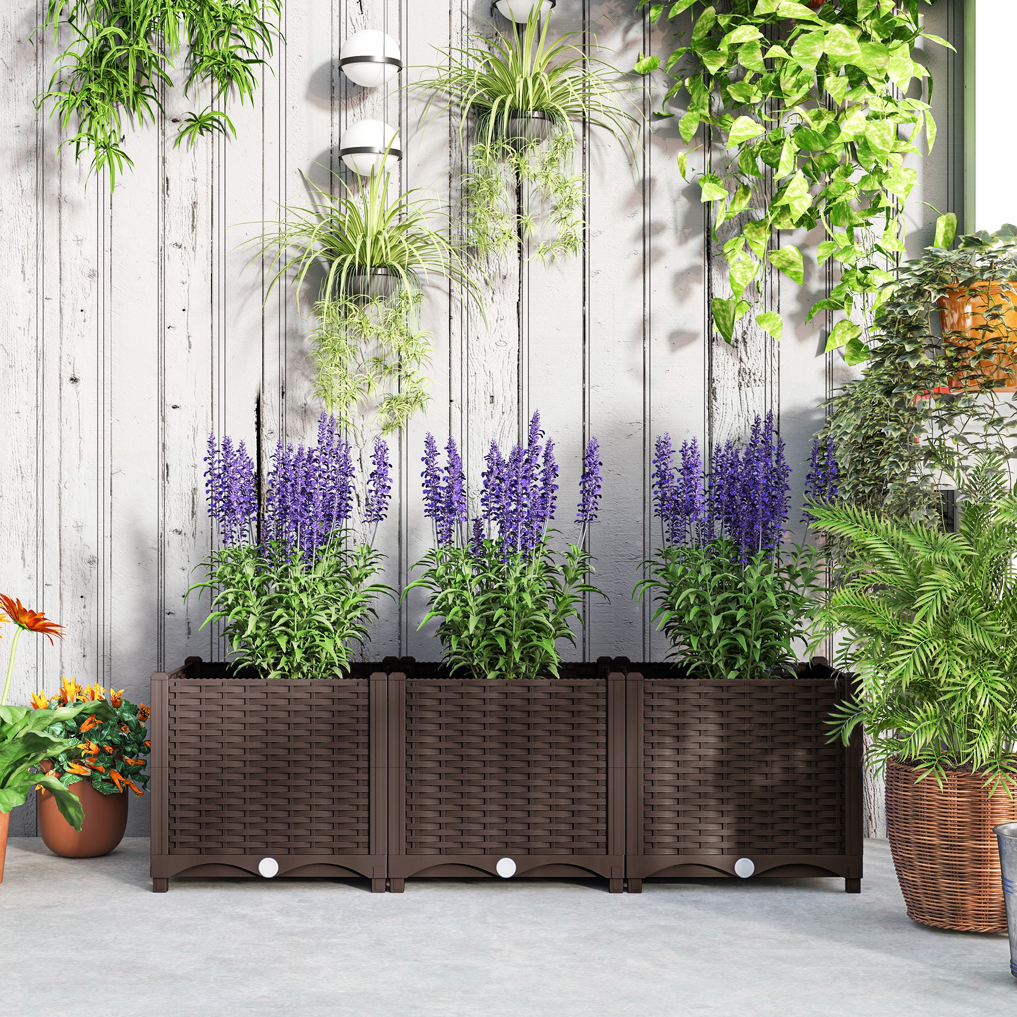 Outsunny Plastic Raised Garden Bed, Outdoor Planter Box with Drainage Holes for Garden, Patio, Balcony, Deck, 47.2" x 15.7" x 14.6", Brown