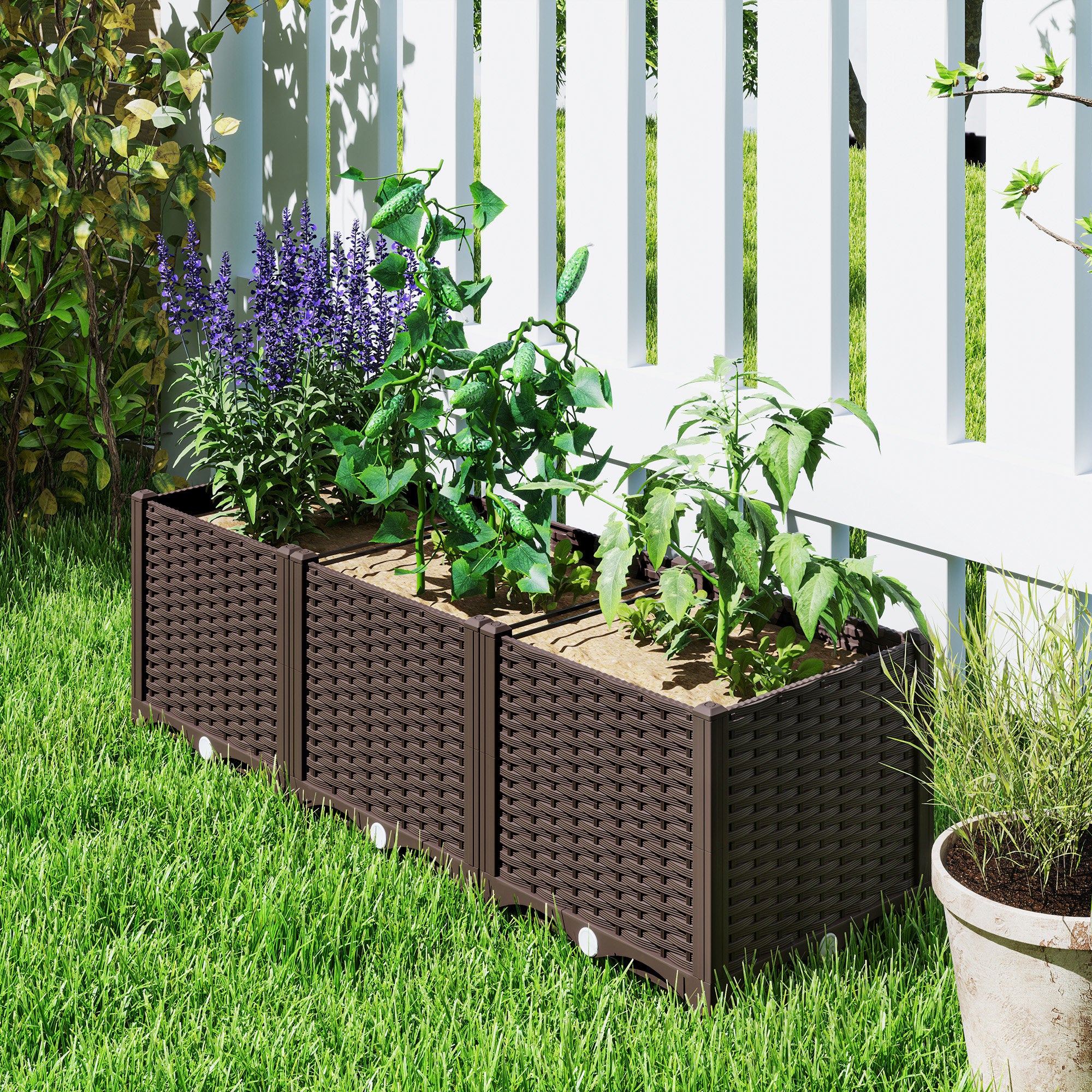 Outsunny Plastic Raised Garden Bed, Outdoor Planter Box with Drainage Holes for Garden, Patio, Balcony, Deck, 47.2" x 15.7" x 14.6", Brown