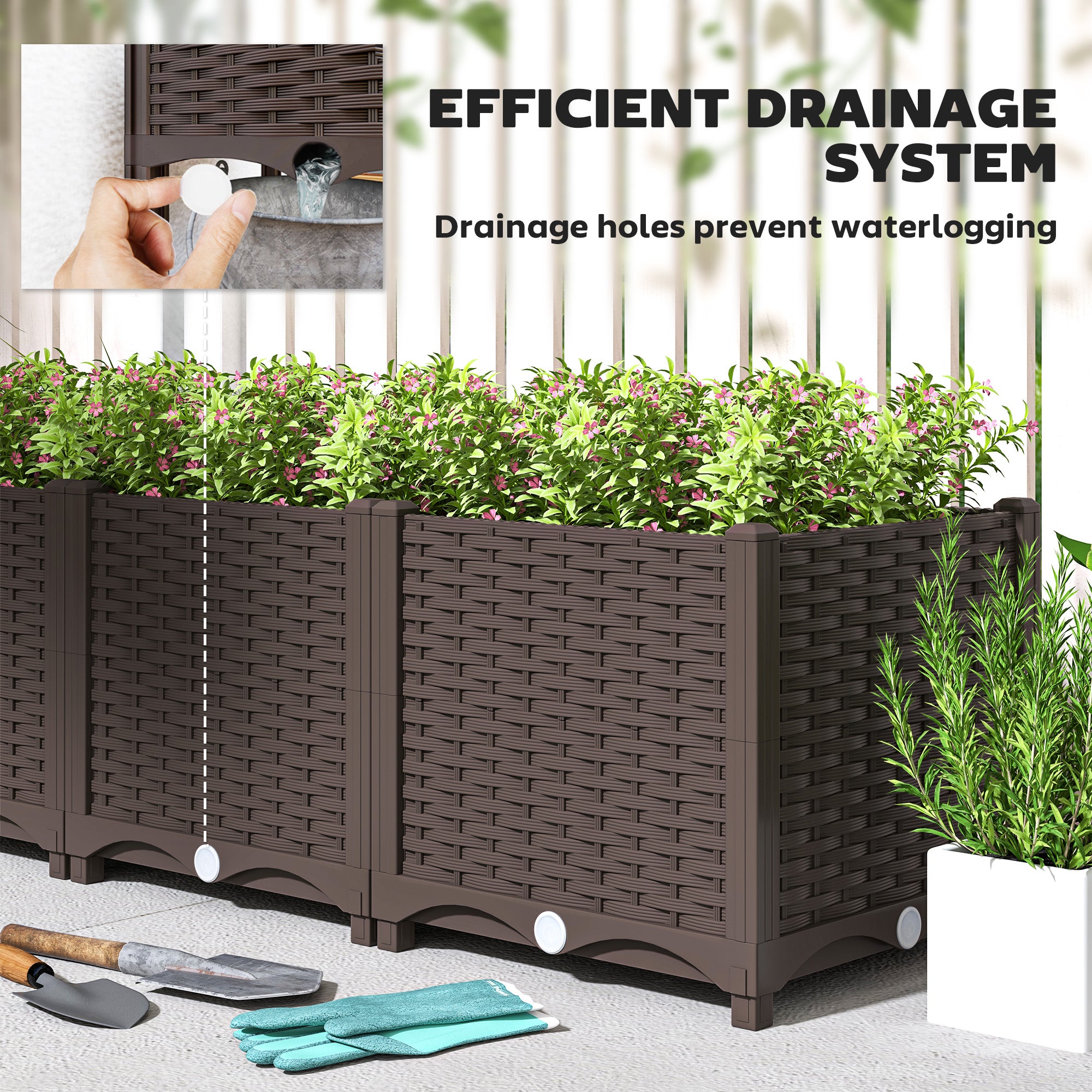 Outsunny Plastic Raised Garden Bed, Outdoor Planter Box with Drainage Holes for Garden, Patio, Balcony, Deck, 47.2" x 15.7" x 14.6", Brown