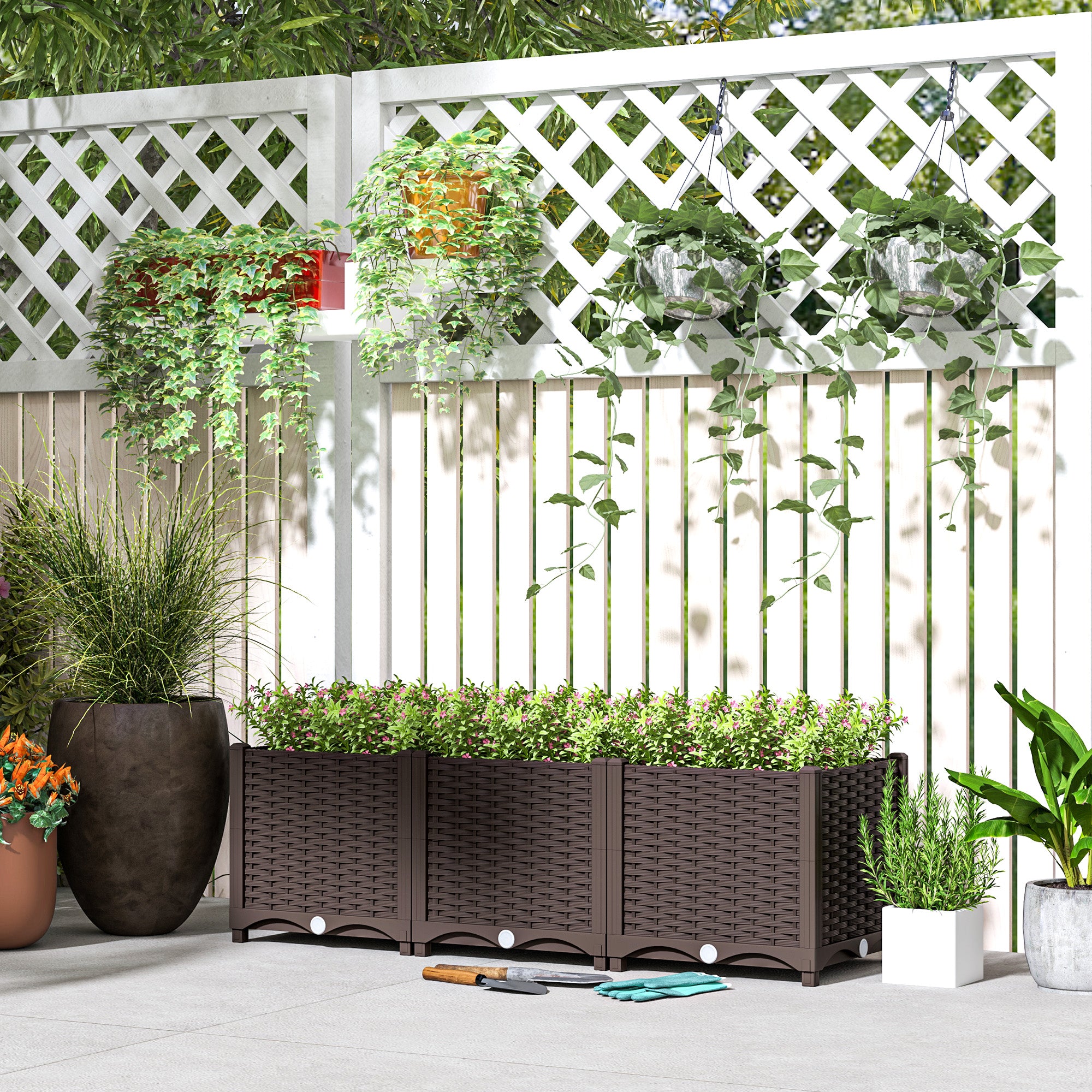 Outsunny Plastic Raised Garden Bed, Outdoor Planter Box with Drainage Holes for Garden, Patio, Balcony, Deck, 47.2" x 15.7" x 14.6", Brown