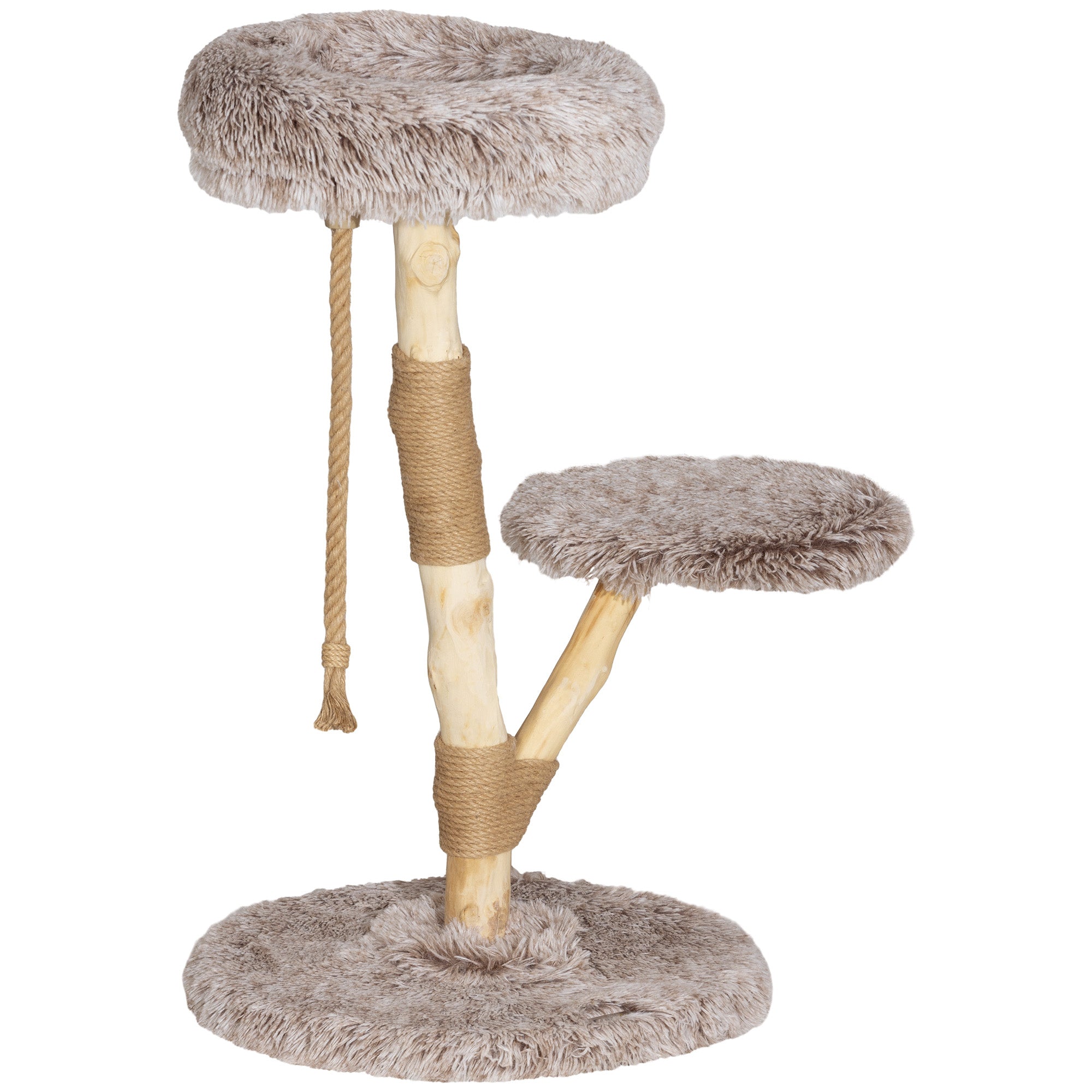 PawHut Cat Tree Tower, 35 Inch Modern Cat Tree for Indoor Adult Cats with Wooden Natural Branch Scratching Posts, Cat Bed & Rope Cat Toy, Brown