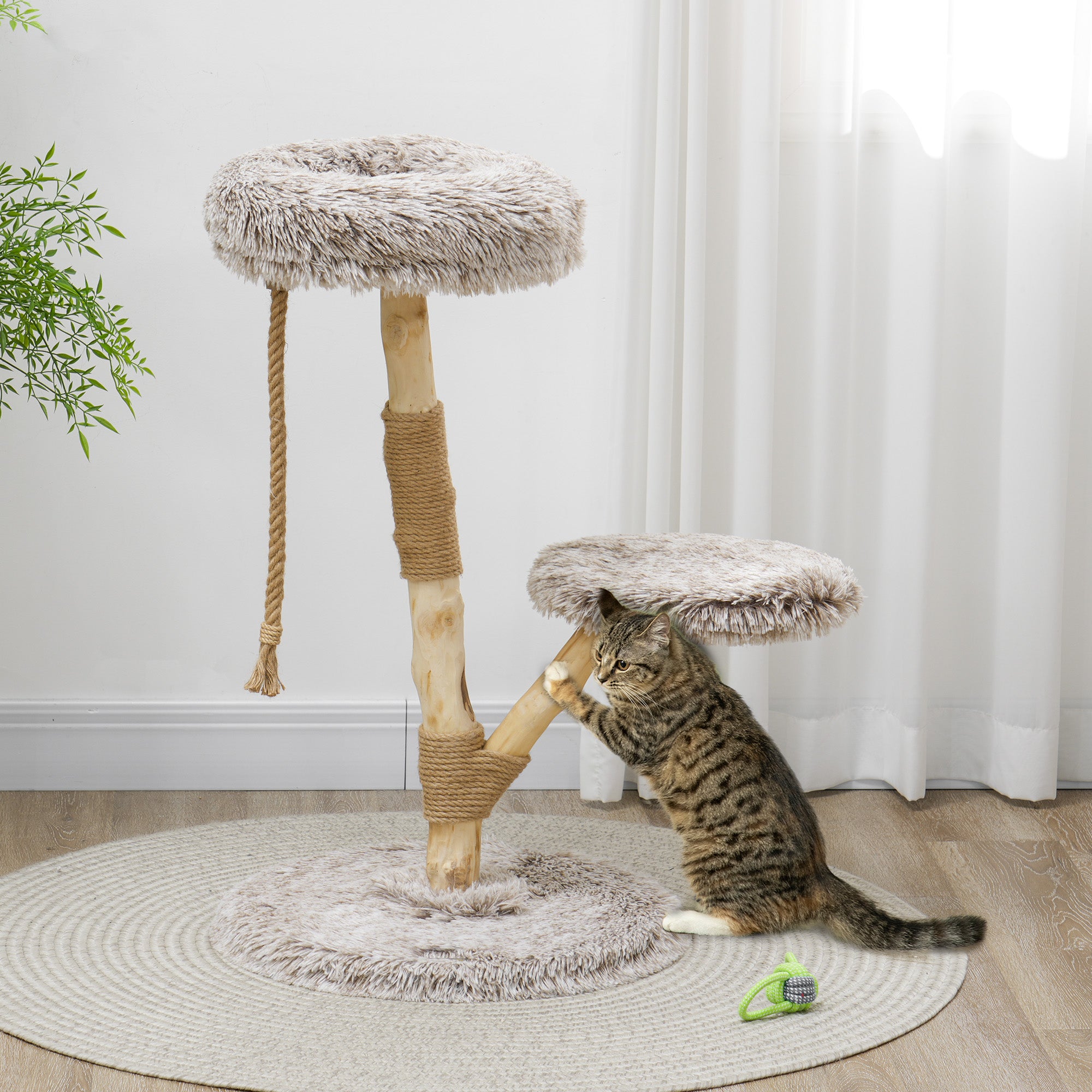 PawHut Cat Tree Tower, 35 Inch Modern Cat Tree for Indoor Adult Cats with Wooden Natural Branch Scratching Posts, Cat Bed & Rope Cat Toy, Brown