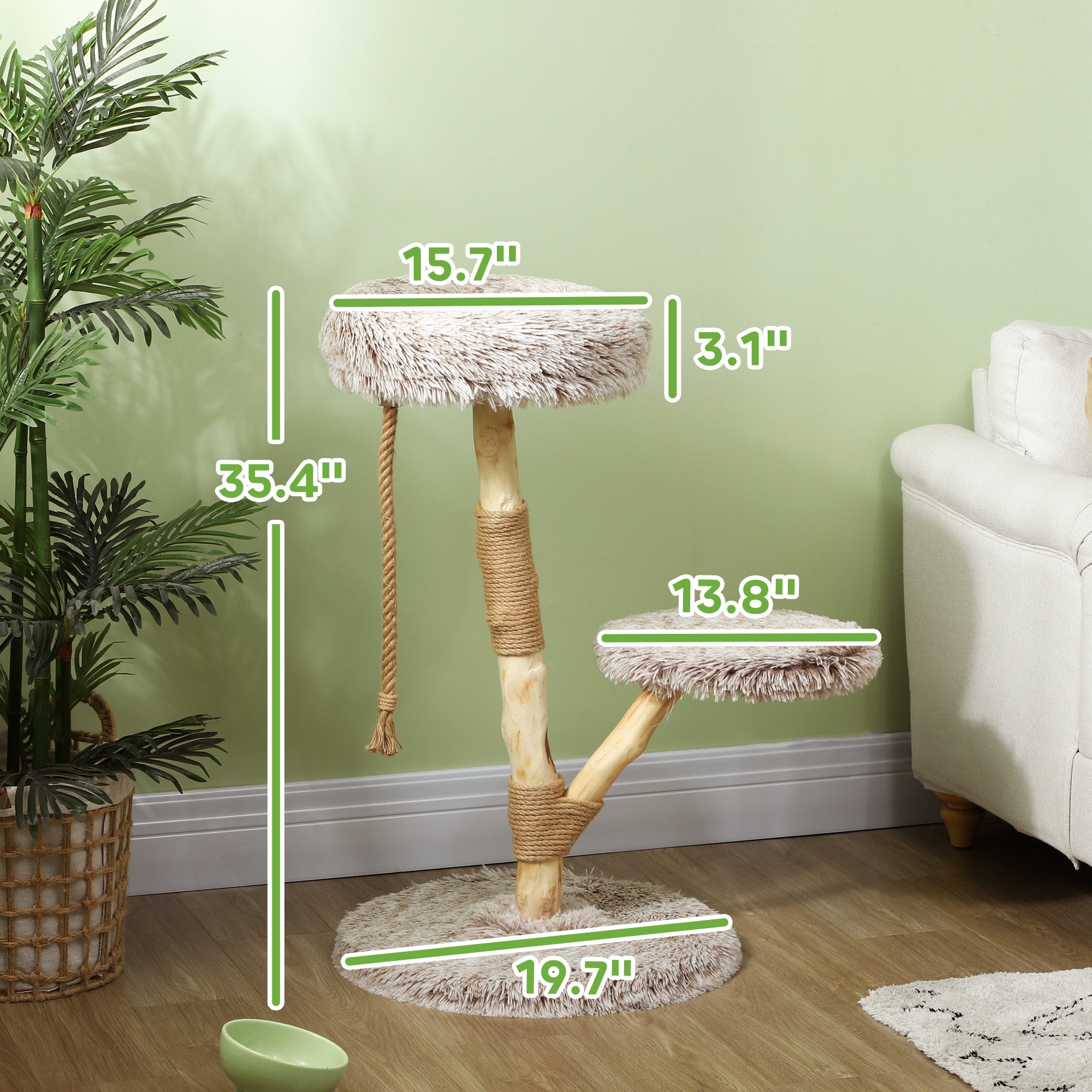 PawHut Cat Tree Tower, 35 Inch Modern Cat Tree for Indoor Adult Cats with Wooden Natural Branch Scratching Posts, Cat Bed & Rope Cat Toy, Brown