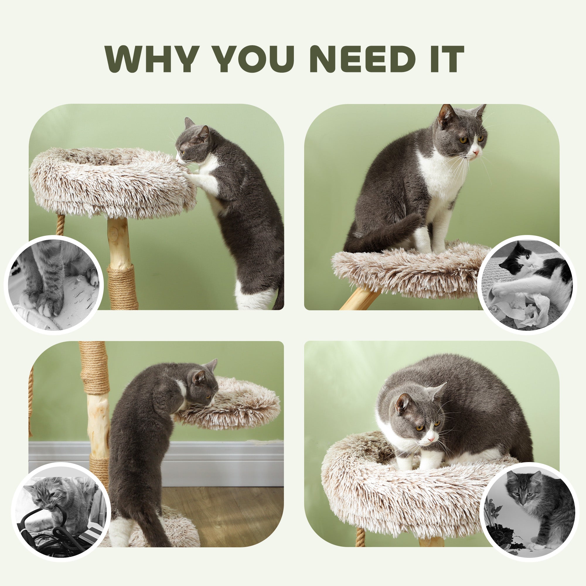 PawHut Cat Tree Tower, 35 Inch Modern Cat Tree for Indoor Adult Cats with Wooden Natural Branch Scratching Posts, Cat Bed & Rope Cat Toy, Brown