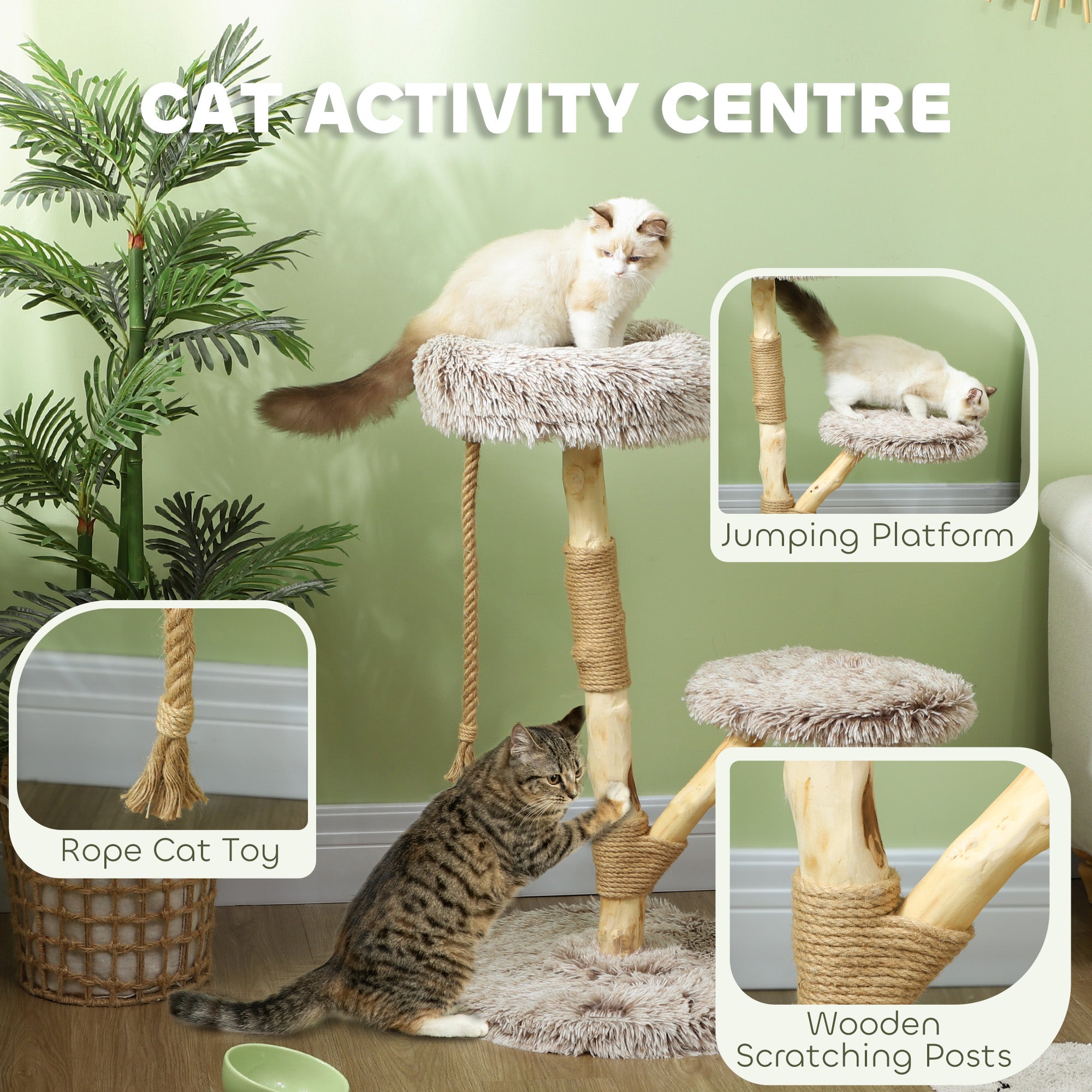 PawHut Cat Tree Tower, 35 Inch Modern Cat Tree for Indoor Adult Cats with Wooden Natural Branch Scratching Posts, Cat Bed & Rope Cat Toy, Brown