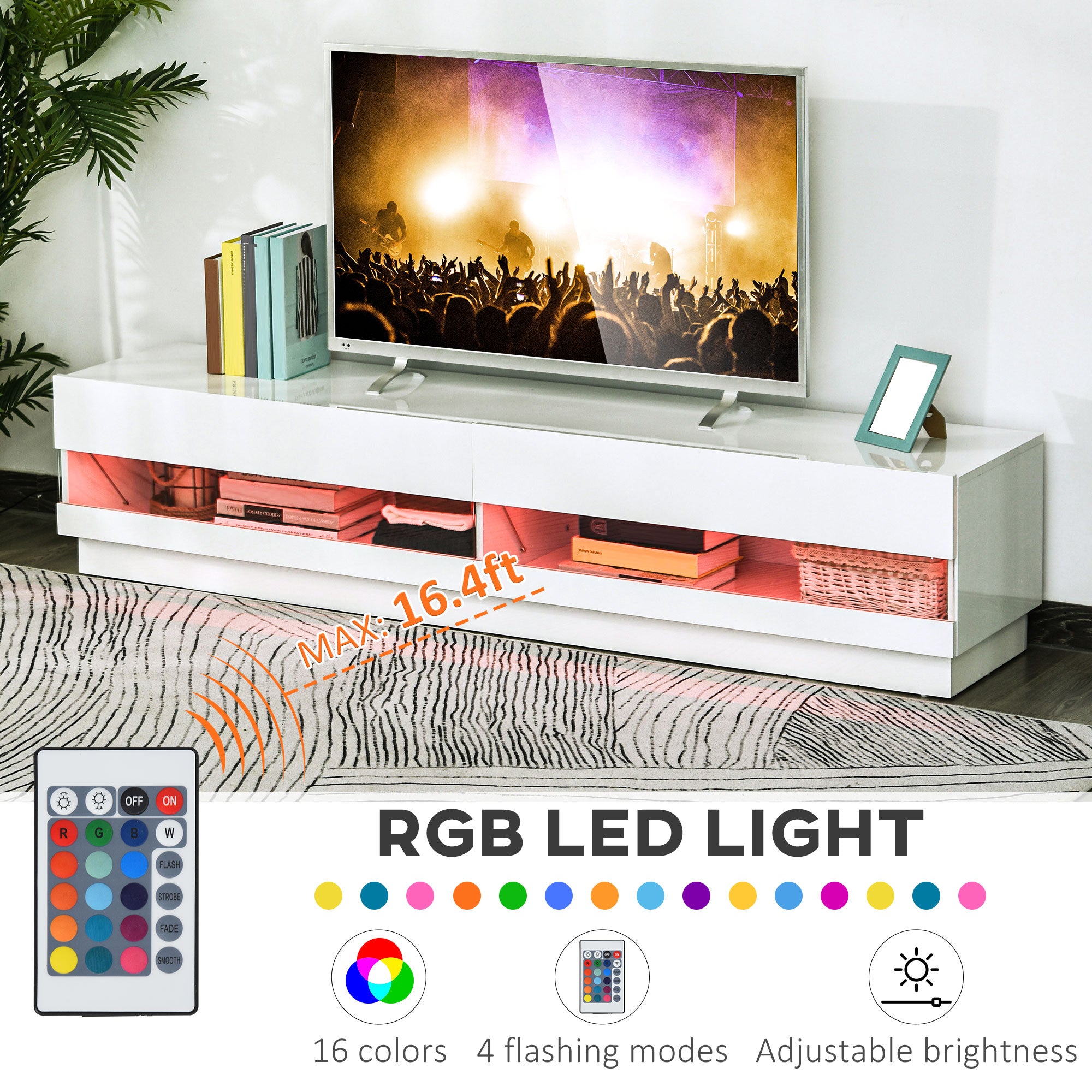 HOMCOM High Gloss TV Stand Cabinet for TVs up to 75", Entertainment Center with LED Light, Media Console with Storage, White