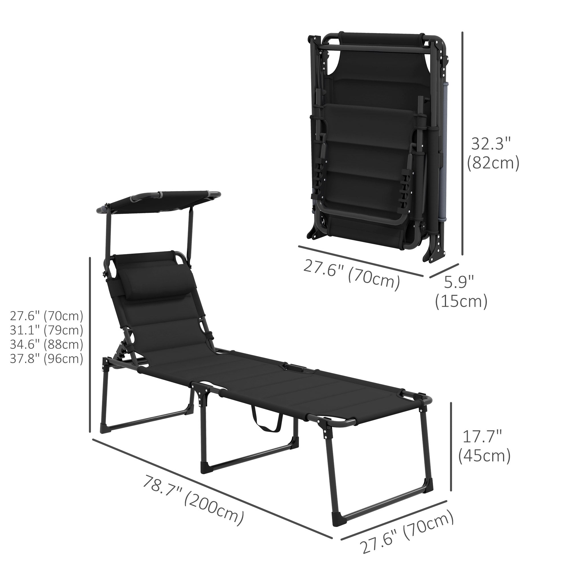 Outsunny Folding Chaise Lounge with Adjustable Sunroof, Outdoor Quick Dry Padded Tanning Chairs with Headrest, Reclining Back Outdoor Lounge Chair, for Beach, Yard, Patio, Black