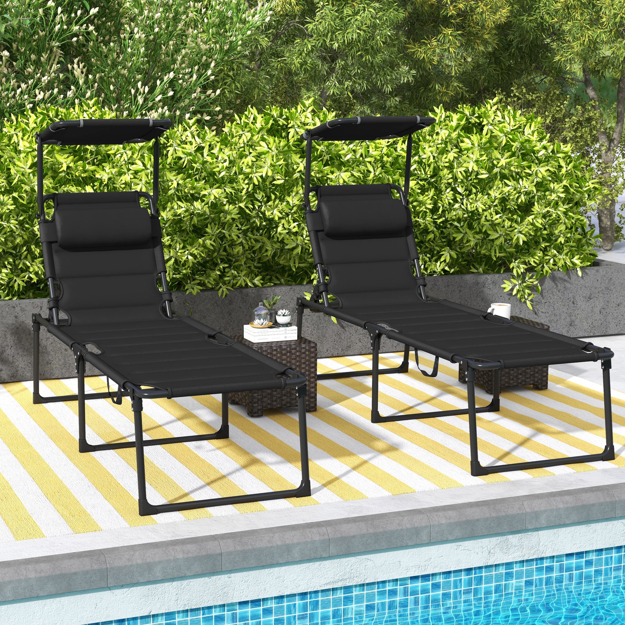 Outsunny Folding Chaise Lounge with Adjustable Sunroof, Outdoor Quick Dry Padded Tanning Chairs with Headrest, Reclining Back Outdoor Lounge Chair, for Beach, Yard, Patio, Black