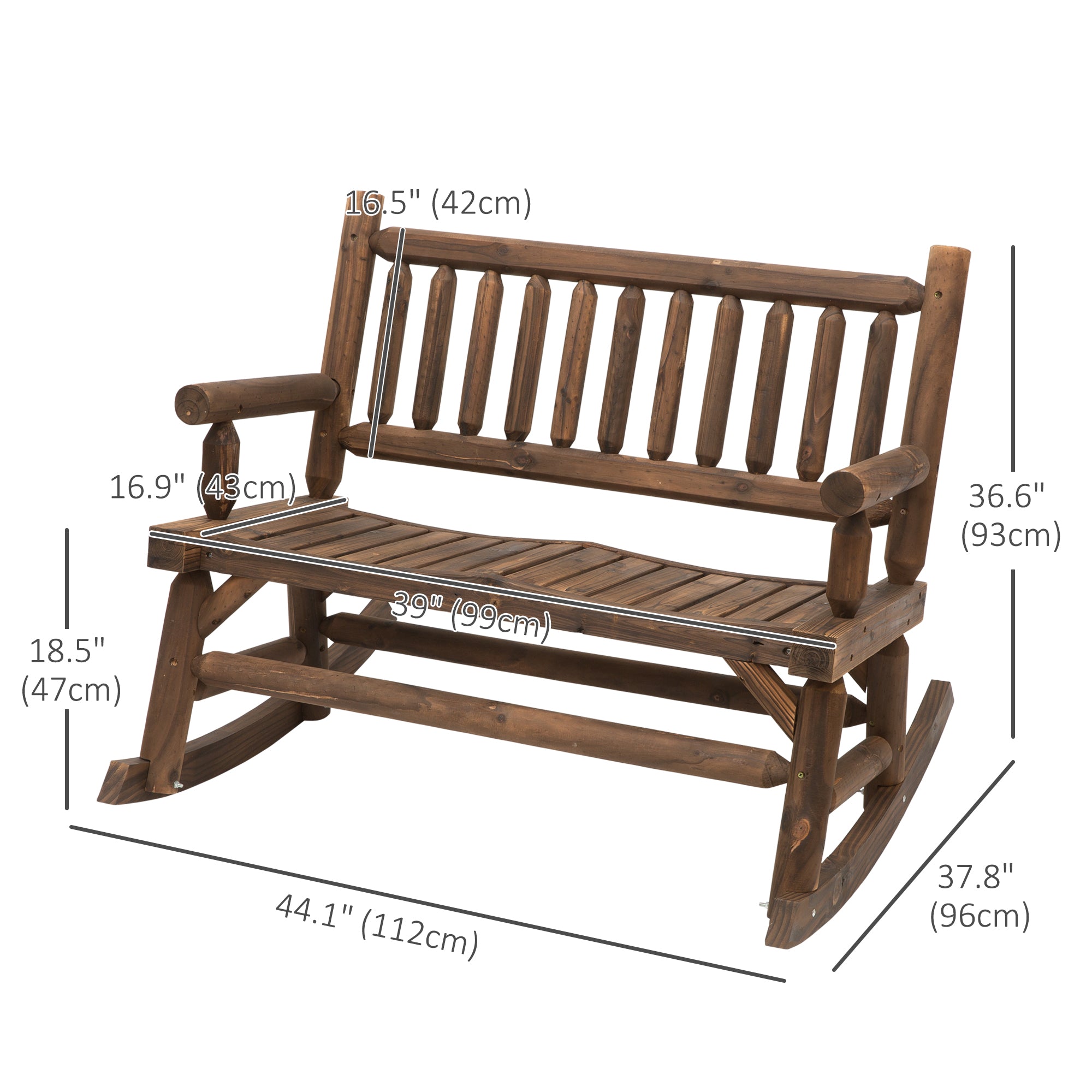 Outsunny 2-Person Outdoor Rocking Chair, Wood Patio Rocker, Porch Rocking Bench with Slat Back and Seat, Carbonized Colour