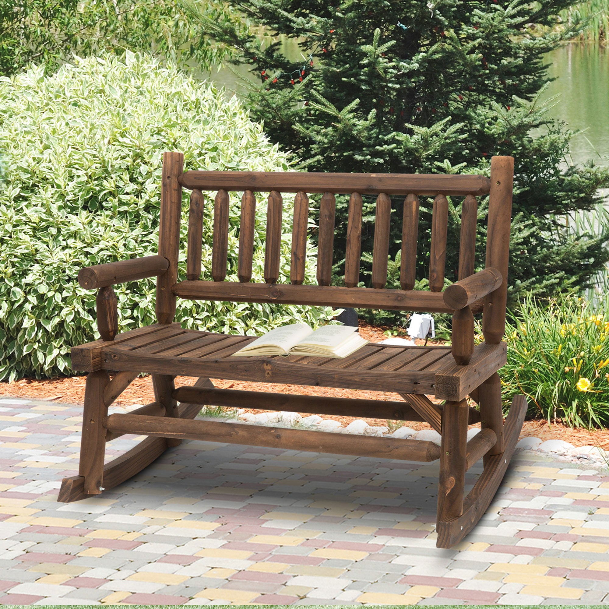 Outsunny 2-Person Outdoor Rocking Chair, Wood Patio Rocker, Porch Rocking Bench with Slat Back and Seat, Carbonized Colour