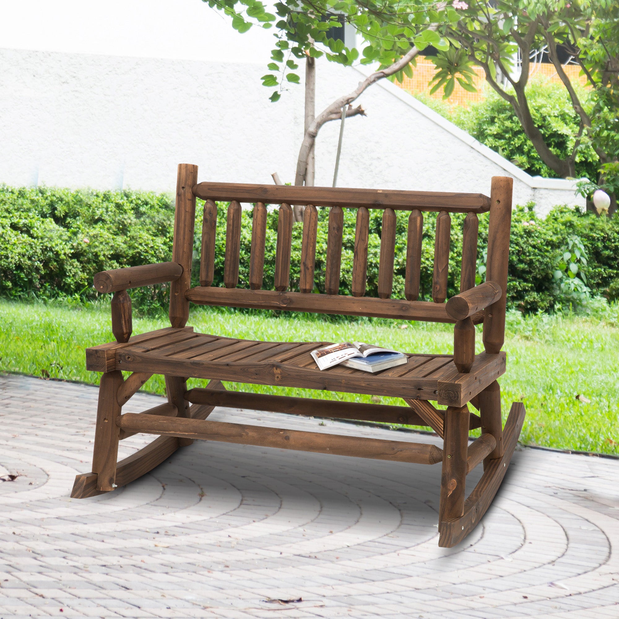 Outsunny 2-Person Outdoor Rocking Chair, Wood Patio Rocker, Porch Rocking Bench with Slat Back and Seat, Carbonized Colour