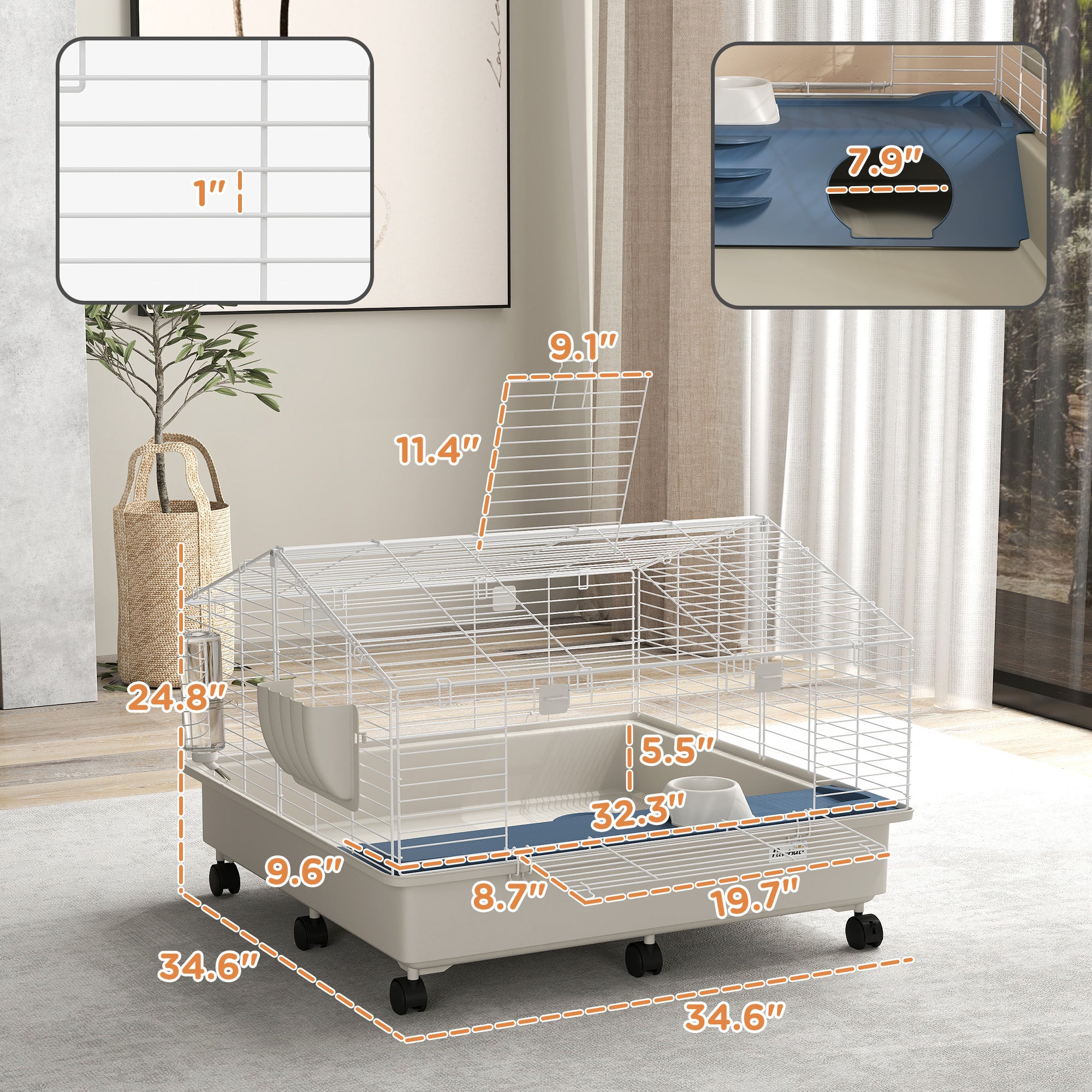 PawHut Small Animal Cage, Rolling Guinea Pig Cage with Water Bottle, Hay Feeder, Food Dish, Ramp, Rabbit Cage for Bunny, Guinea Pigs, Hedgehogs, 35" x 35" x 25", White