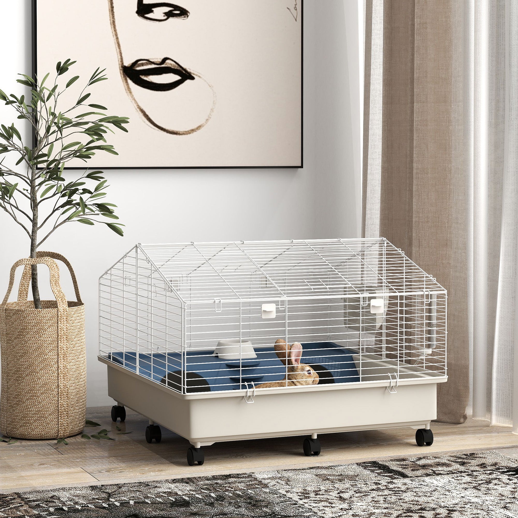 PawHut Small Animal Cage, Rolling Guinea Pig Cage with Water Bottle, Hay Feeder, Food Dish, Ramp, Rabbit Cage for Bunny, Guinea Pigs, Hedgehogs, 35" x 35" x 25", White
