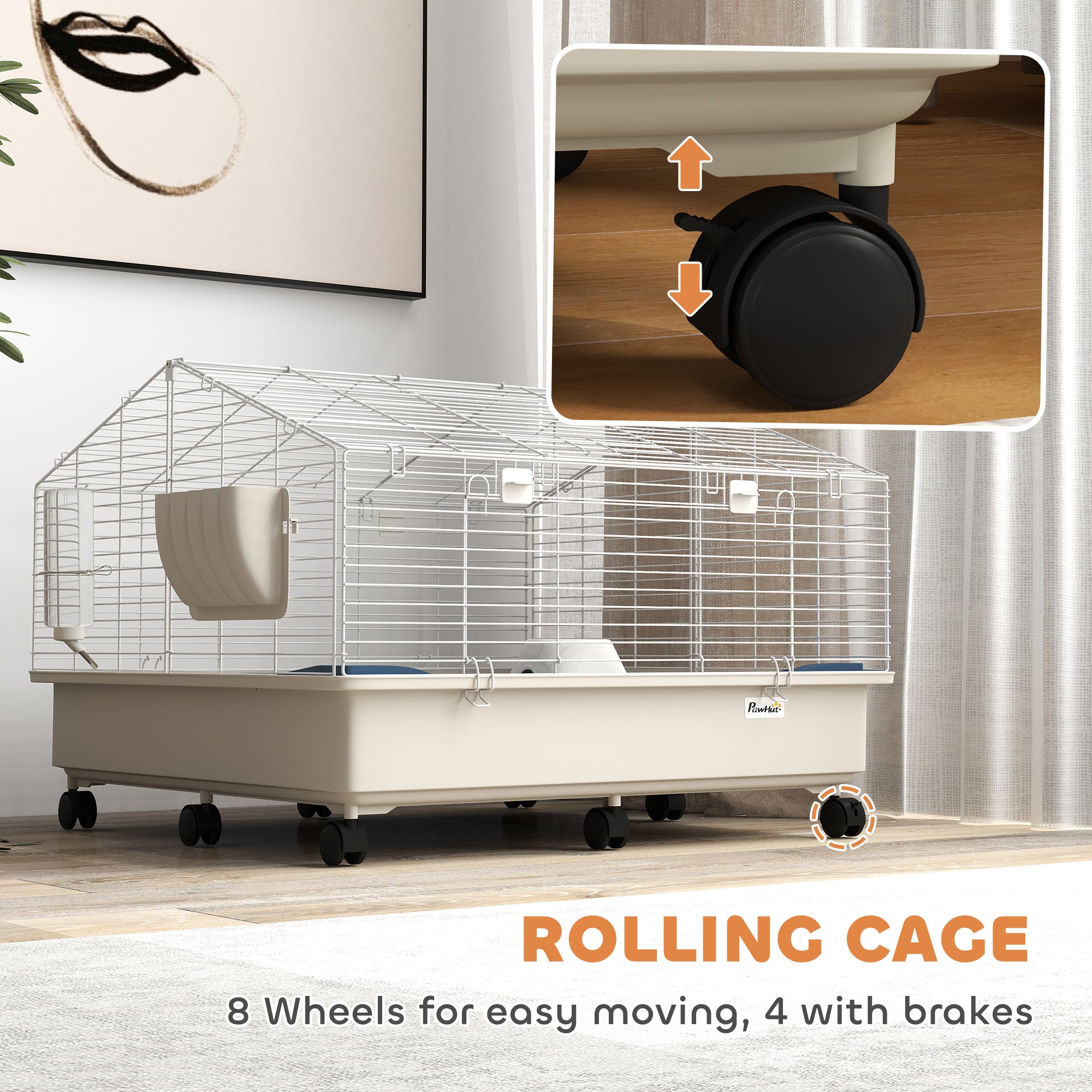 PawHut Small Animal Cage, Rolling Guinea Pig Cage with Water Bottle, Hay Feeder, Food Dish, Ramp, Rabbit Cage for Bunny, Guinea Pigs, Hedgehogs, 35" x 35" x 25", White