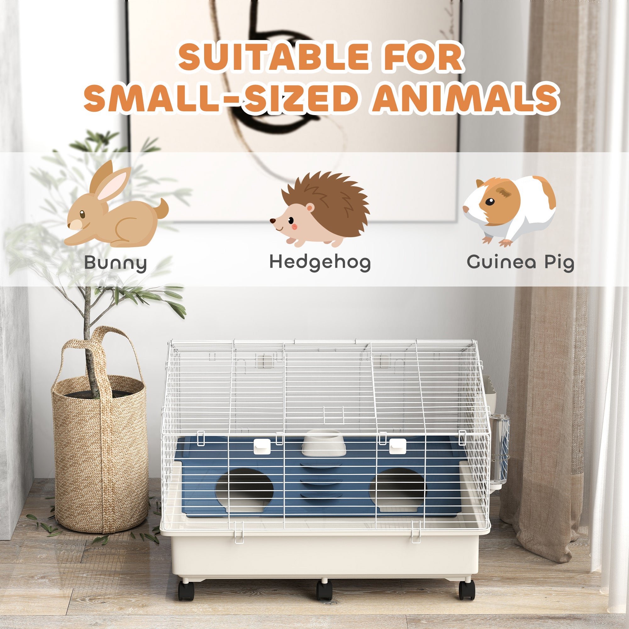 PawHut Small Animal Cage, Rolling Guinea Pig Cage with Water Bottle, Hay Feeder, Food Dish, Ramp, Rabbit Cage for Bunny, Guinea Pigs, Hedgehogs, 35" x 35" x 25", White