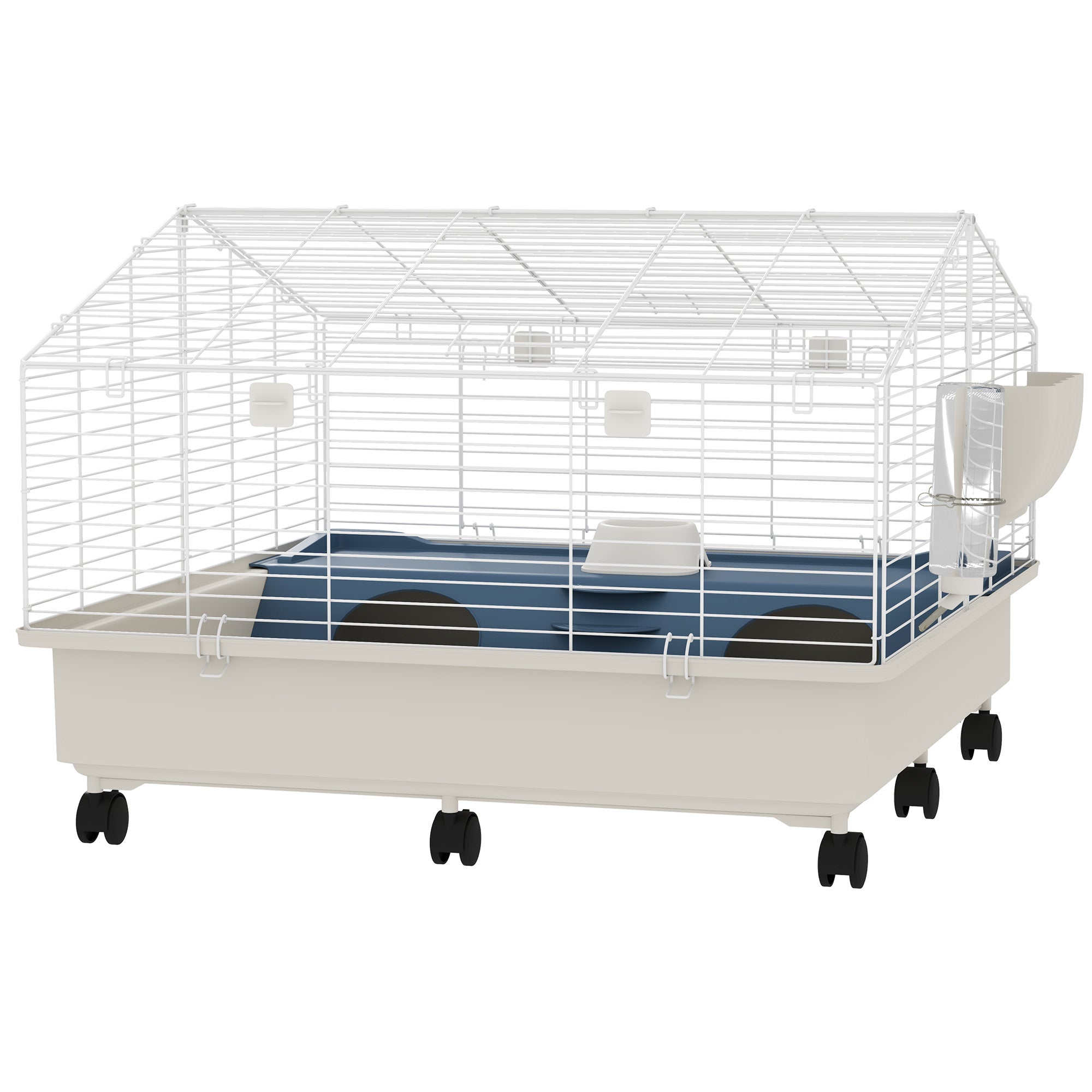 PawHut Small Animal Cage, Rolling Guinea Pig Cage with Water Bottle, Hay Feeder, Food Dish, Ramp, Rabbit Cage for Bunny, Guinea Pigs, Hedgehogs, 35" x 35" x 25", White