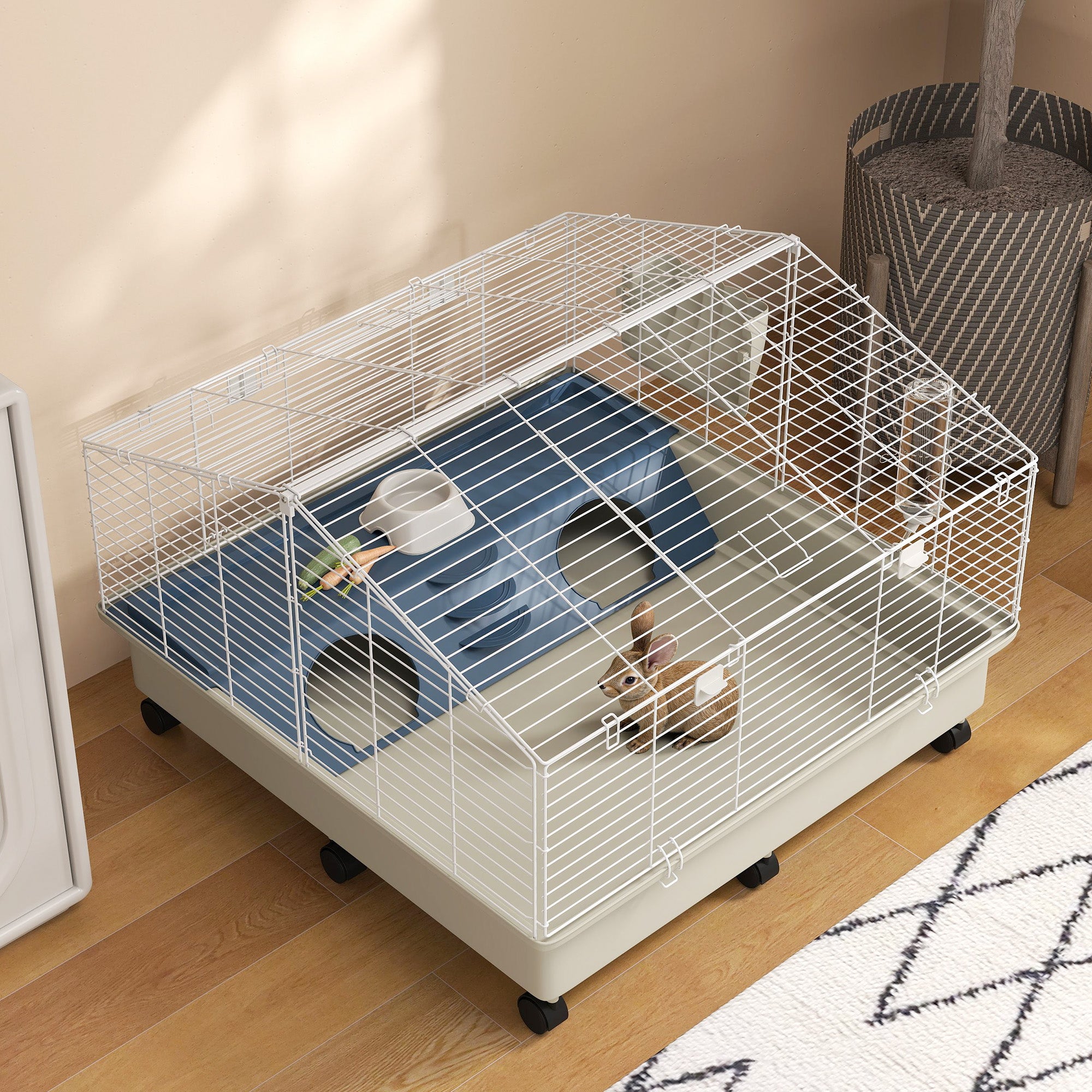 PawHut Small Animal Cage, Rolling Guinea Pig Cage with Water Bottle, Hay Feeder, Food Dish, Ramp, Rabbit Cage for Bunny, Guinea Pigs, Hedgehogs, 35" x 35" x 25", White