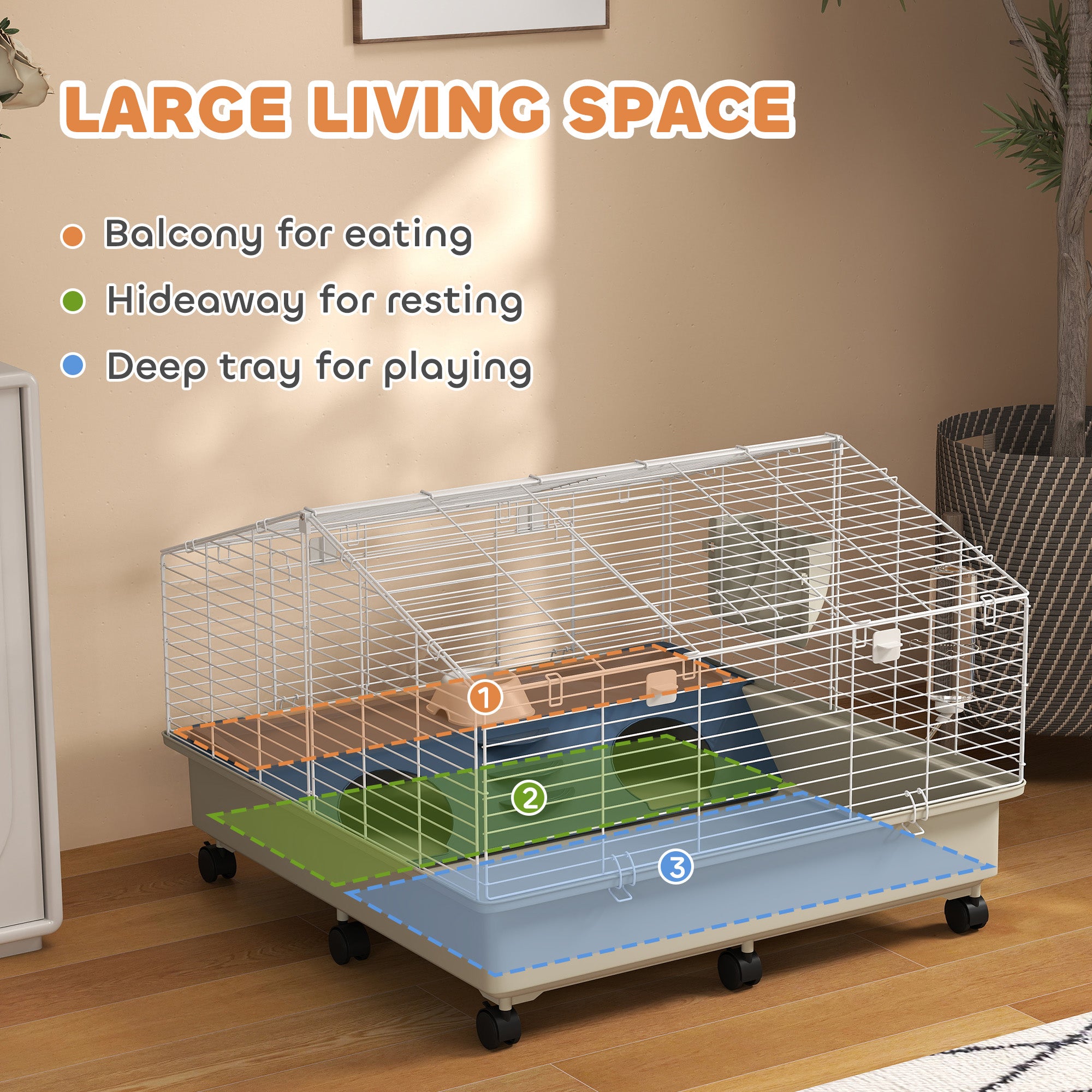PawHut Small Animal Cage, Rolling Guinea Pig Cage with Water Bottle, Hay Feeder, Food Dish, Ramp, Rabbit Cage for Bunny, Guinea Pigs, Hedgehogs, 35" x 35" x 25", White
