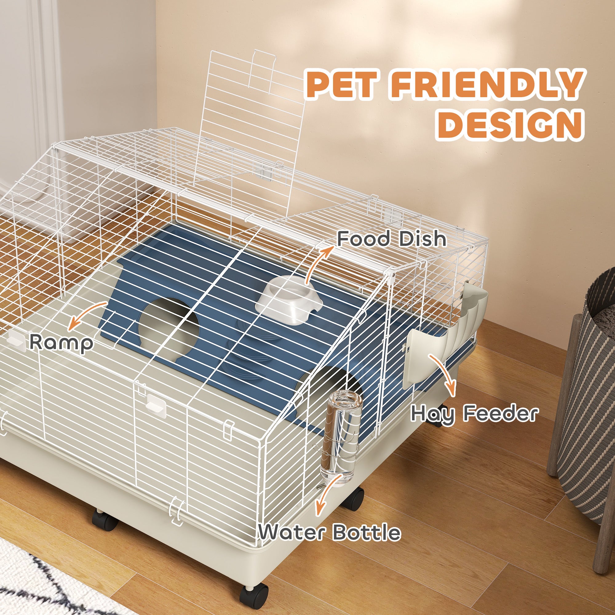 PawHut Small Animal Cage, Rolling Guinea Pig Cage with Water Bottle, Hay Feeder, Food Dish, Ramp, Rabbit Cage for Bunny, Guinea Pigs, Hedgehogs, 35" x 35" x 25", White